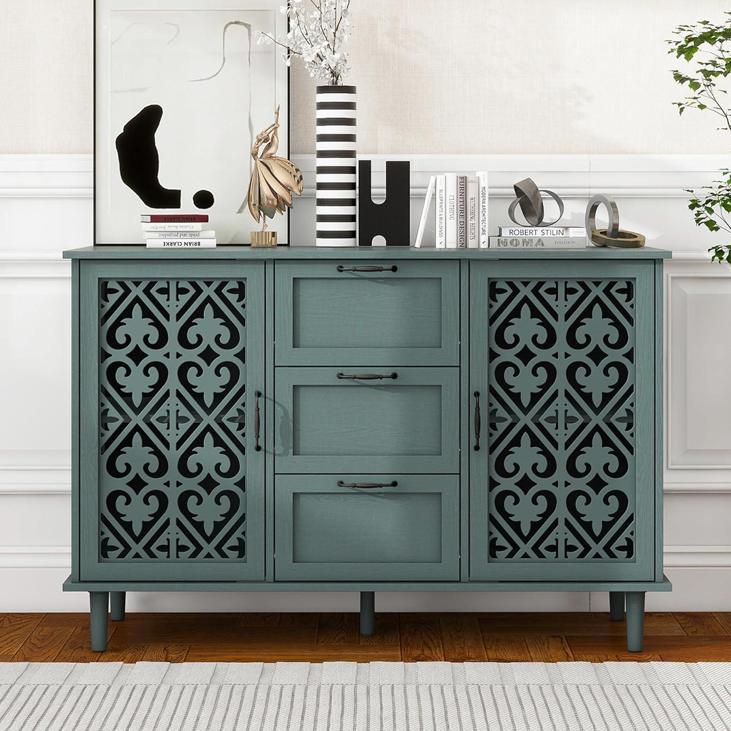 Lunale 47.24" Retro Hollow-Carved 2-Door Cabinet with 3 Drawers, Storage Sideboard Buffet Accent Cabinet for Living Room, Dark Green