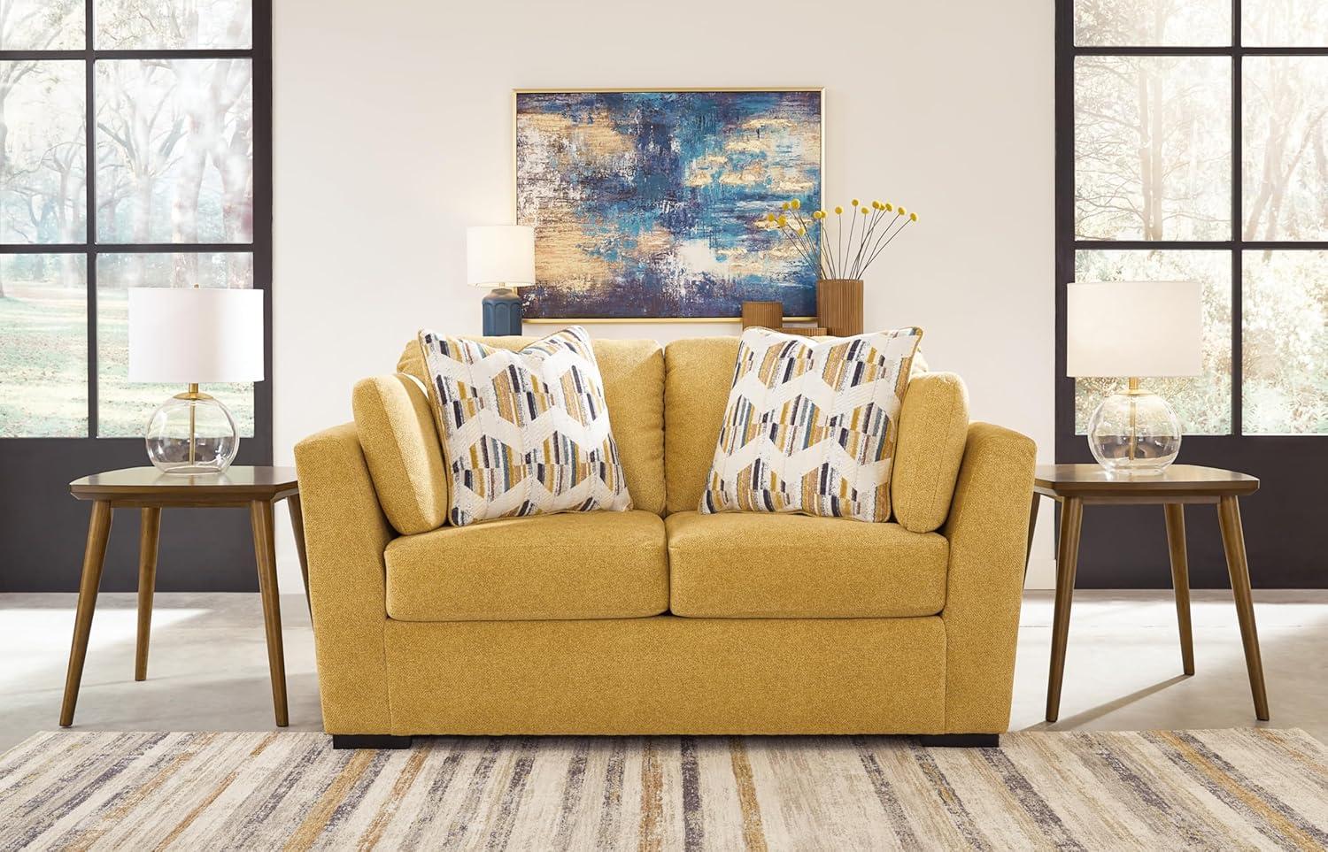 Sunflower Yellow Velvet Stationary Loveseat with Pillow Back