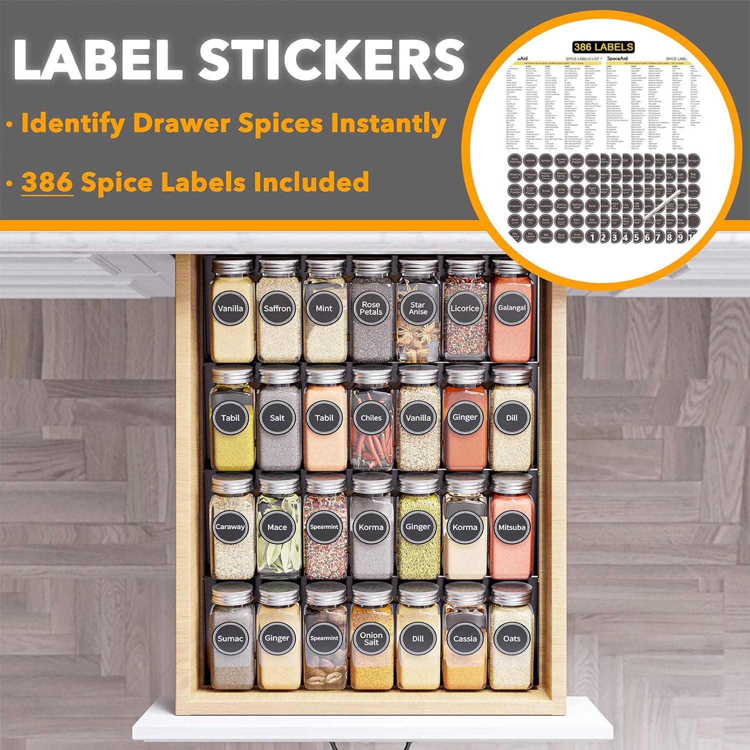 Spice Drawer Organizer with 28 Spice Jars - 4-Tier Seasoning Rack Tray Insert, 386 Spice Labels, 13" Wide x 17.5" Deep