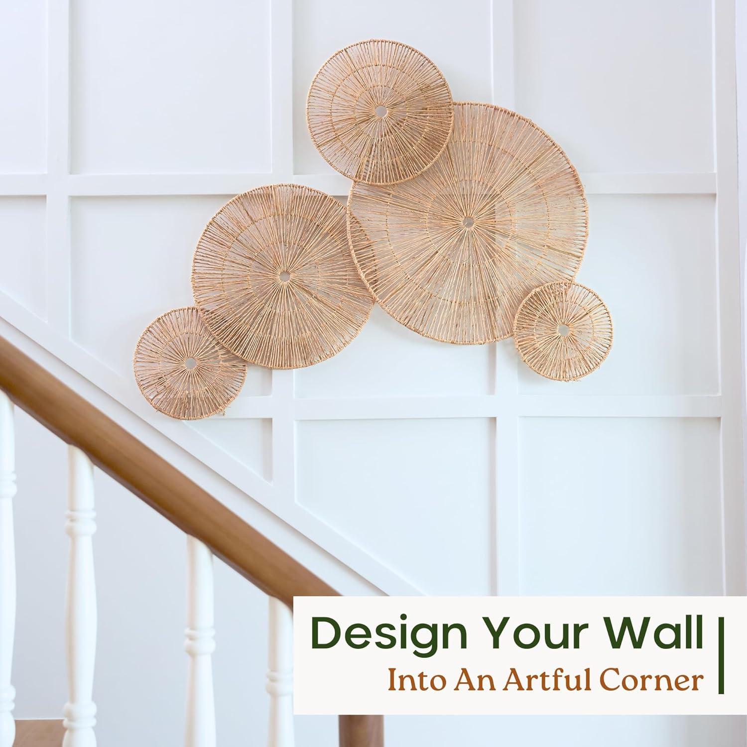 18 Inch Wicker Jute Wall Decor, Set Of 5 Large Woven Jute Wall Plates, Large Decorative Baskets For Wall Arts, 18", 14", 11", 8", 7", Farmhouse Wall Hanging For Bedroom, Living Room