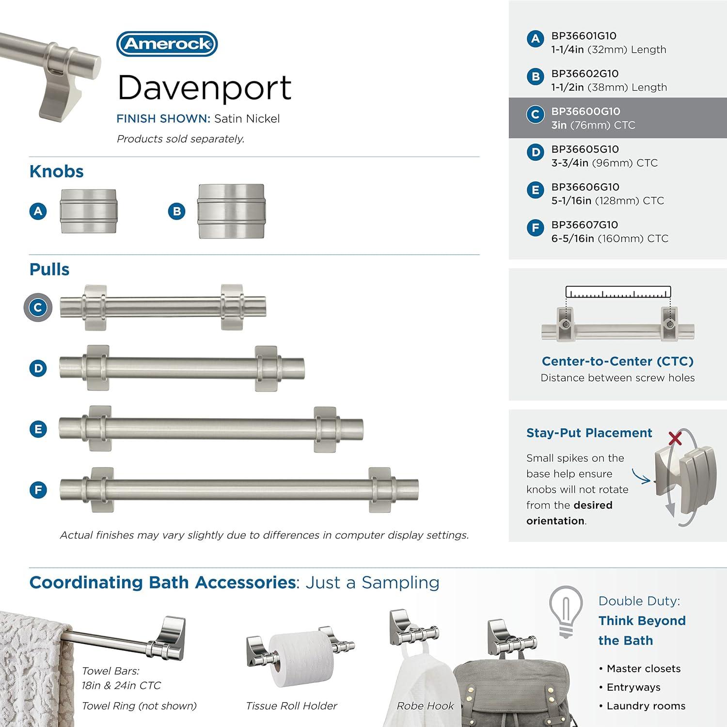 Amerock Davenport 3 inch (76mm) Center-to-Center Satin Nickel Cabinet Pull