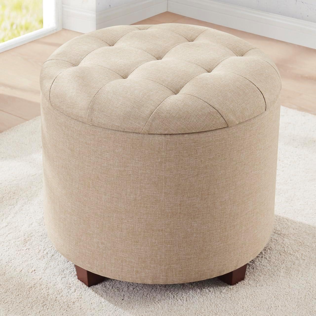 Ornavo Home Decor Round Ottoman with Storage, Round Vanity Chair Stool Ottoman Pouf with Storage for Living Room and Bedroom, Linen Beige