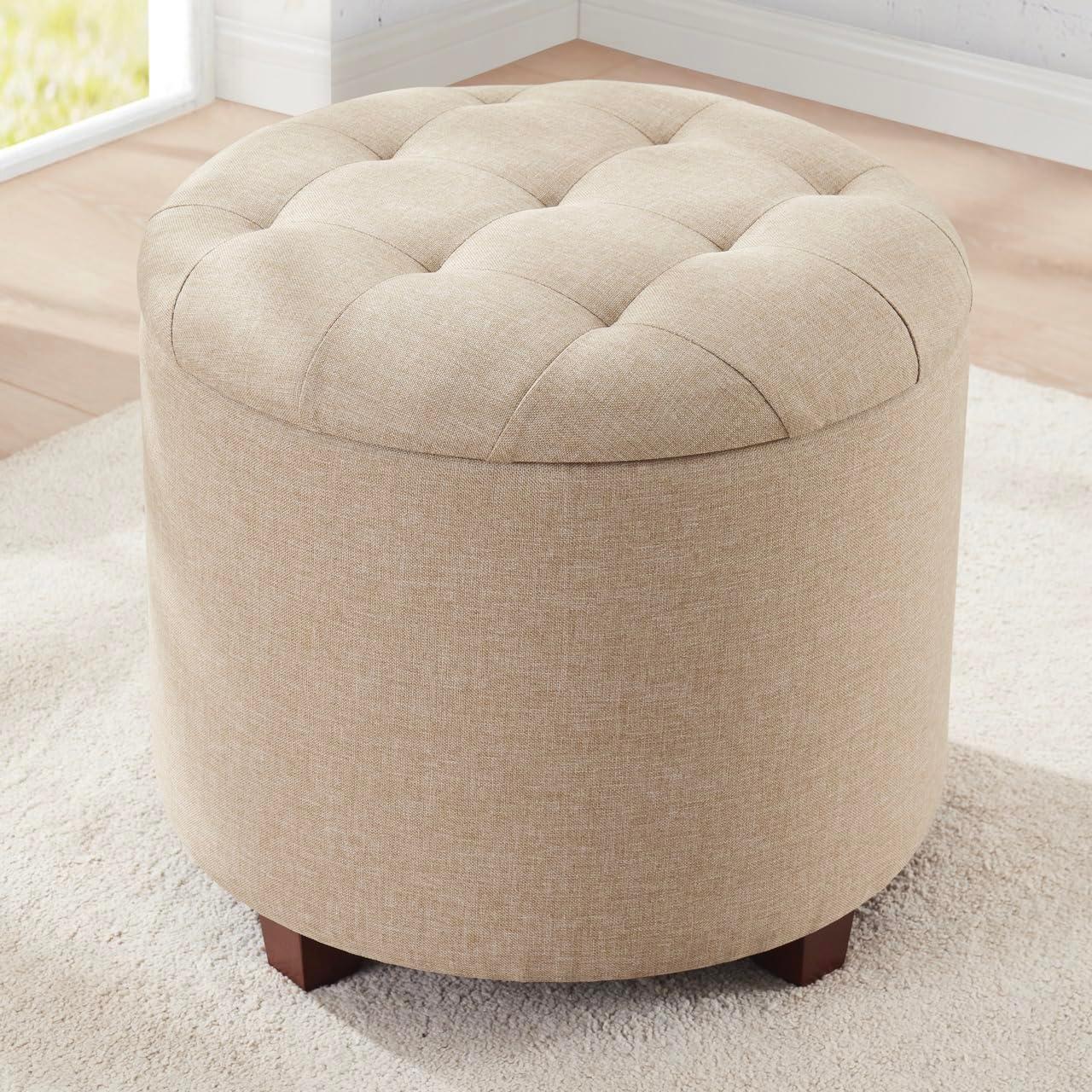 Ornavo Home Velvet Upholstered Round Tufted Storage Ottoman with Wooden Legs - Black