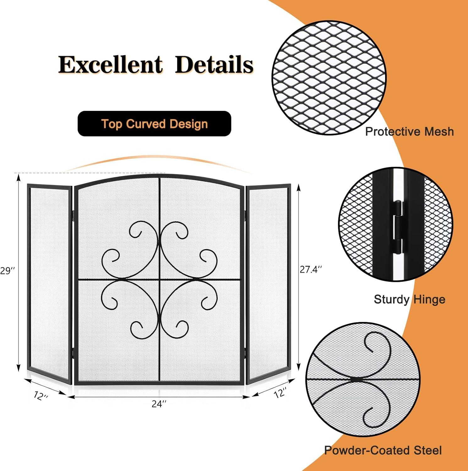 Black Wrought Iron Three-Panel Mesh Fireplace Screen