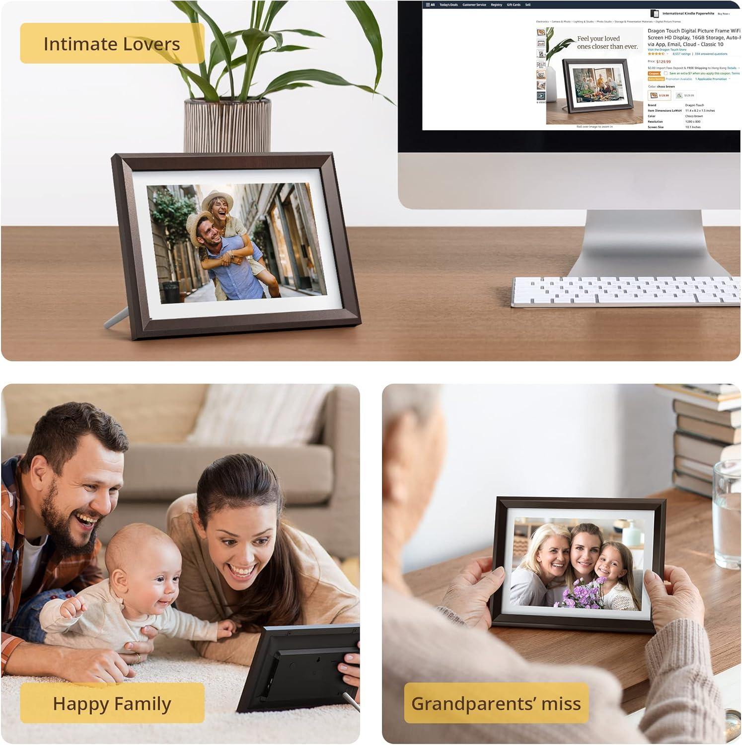 Dragon Touch Digital Picture Frame WiFi 10 inch IPS Touch Screen Digital Photo Frame Display, 32GB Storage, Auto-Rotate, Share Photos via App, Email, Cloud, Classic 10 Brown, PUUDUU