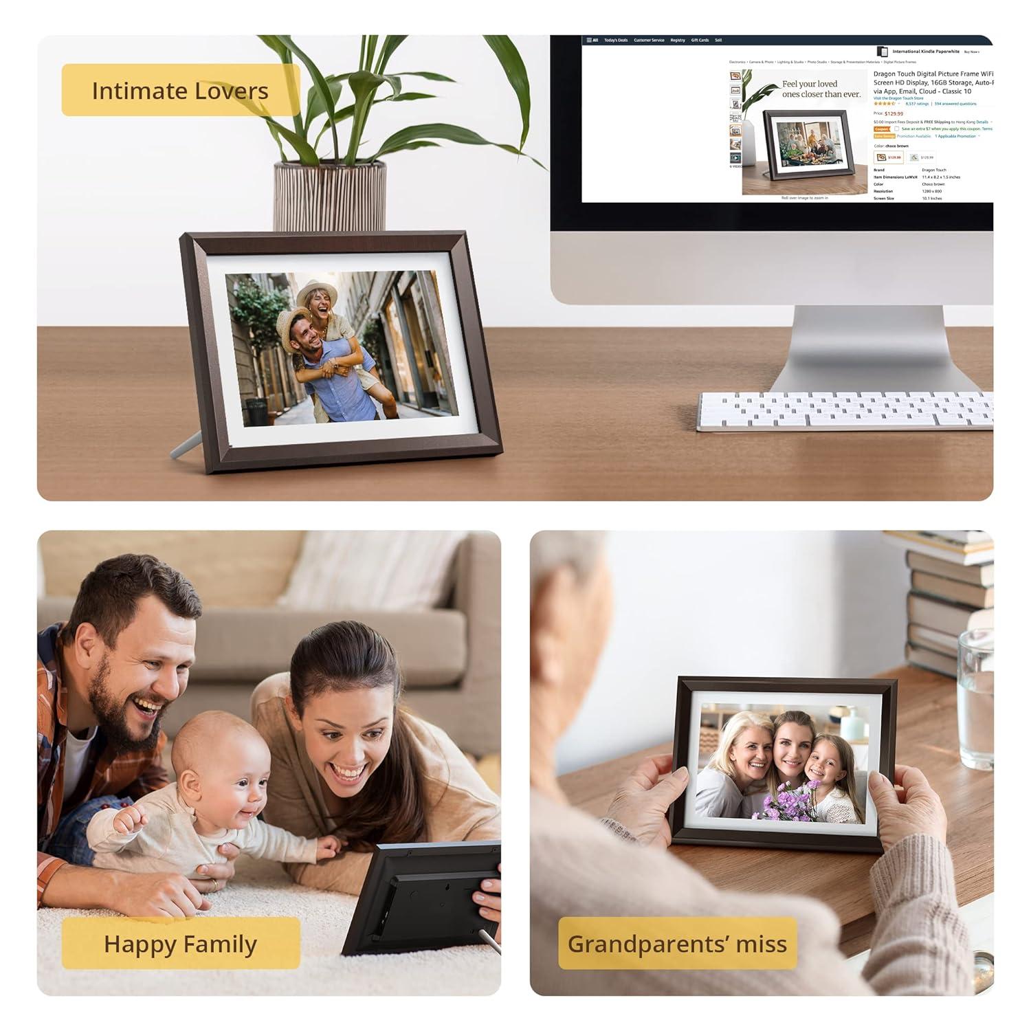 Dragon Touch Digital Picture Frame WiFi 10 inch IPS Touch Screen Digital Photo Frame Display, 32GB Storage, Auto-Rotate, Share Photos via App, Email, Cloud, Classic 10 Brown, PUUDUU