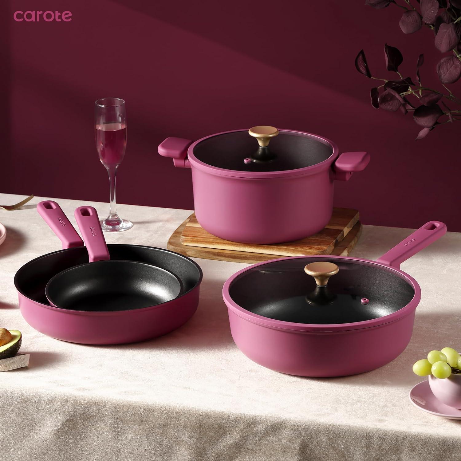CAROTE 16pcs Nonstick Cookware set, Pots and Pans, Premium Induction Cookware, Durable & Easy to Clean, Large Frying Pan, Rose Pink