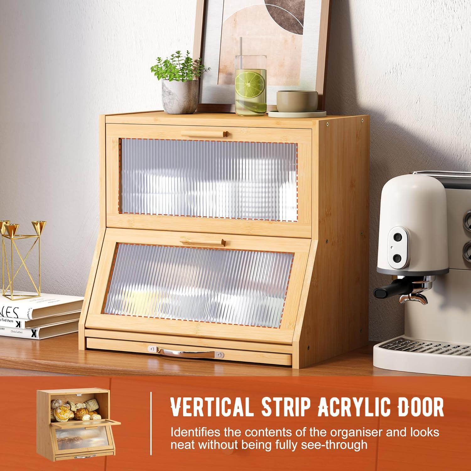 Prep & Savour Large Bread Box For Kitchen Counter, Bamboo Wooden Double Layer Large Capacity Bread Storage Bin With Acrylic Wavy Door Panel (Natural + Cutting Board)