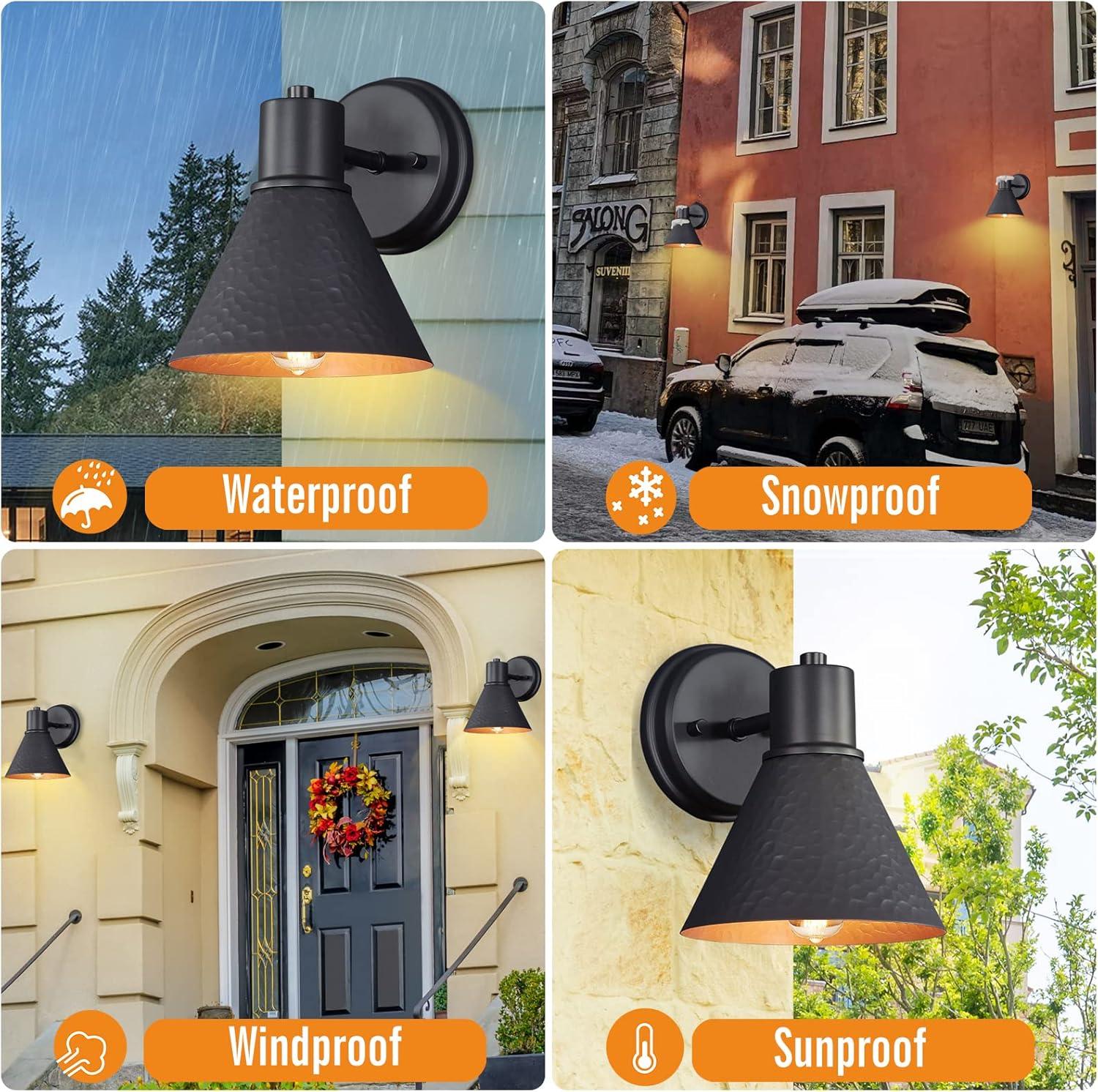 Outdoor Wall Sconces, 2-Pack Wall Lights Fixture, Exterior Farmhouse Porch Light With Hammered Metal Shade, Anti-Rust Waterproof Black Outside Barn Light For Front Porch Patio Garage Gazebo House