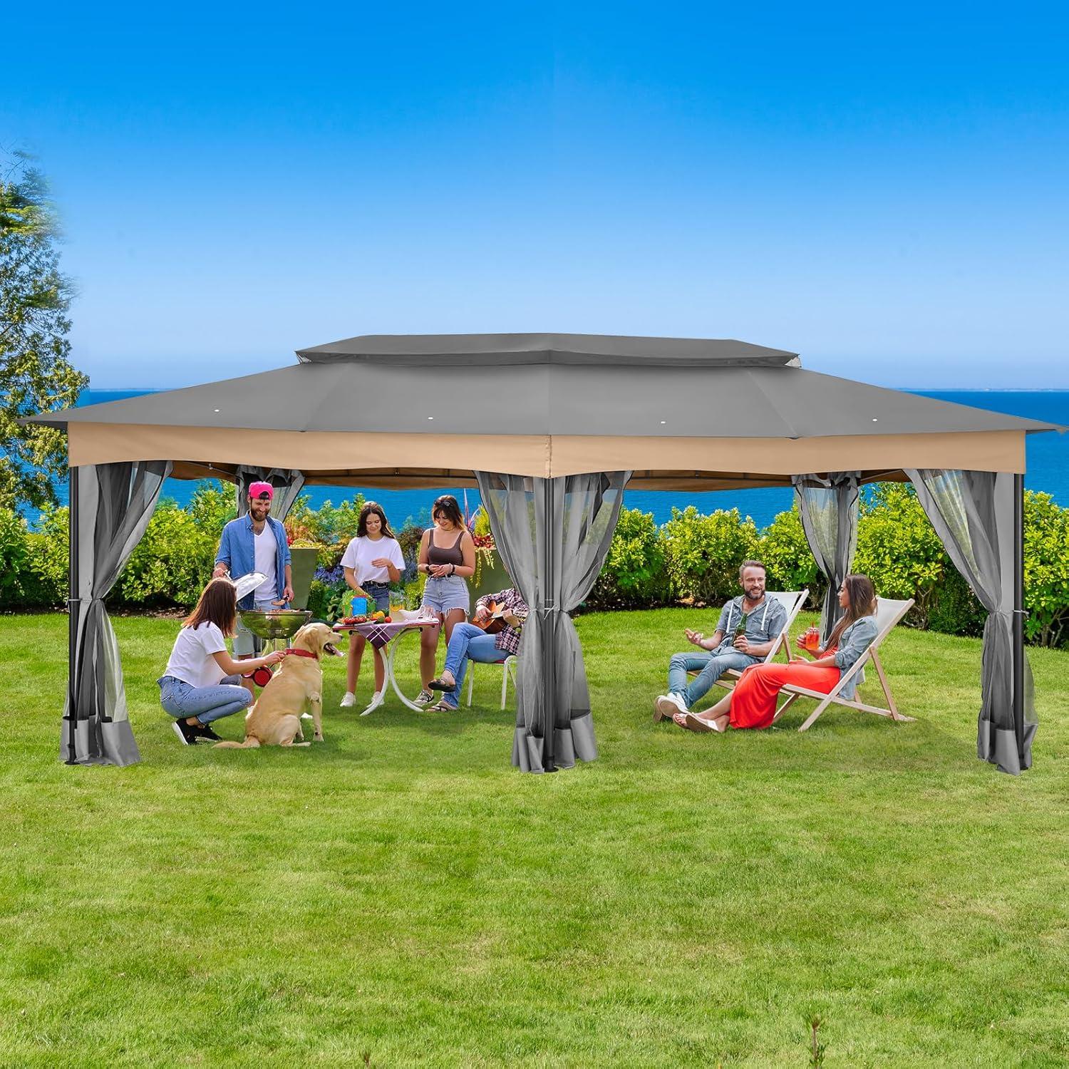 Hoteel 12X20 Heavy Duty Outdoor Patio Gazebo with Mosquito Netting and Curtains, Canopy Tent Deck Gazebo with Double Roofs and Metal Steel Frame for Party, Backyard, Deck, Garden, Gray