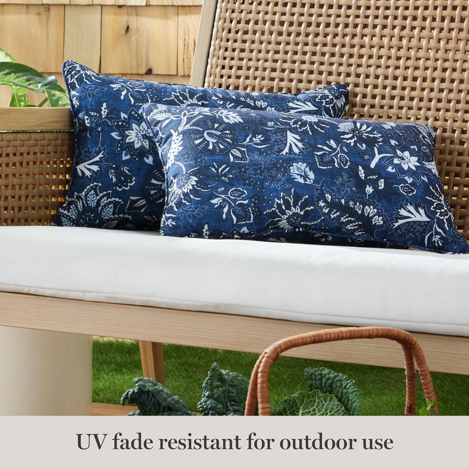 MARTHA STEWART Distressed Jacobean Indoor Outdoor Decorative Lumbar Pillow 2-Pack Set, UV Fade Resistant, Water Repellent, Printed Floral Design, Navy Blue, 11"x18"