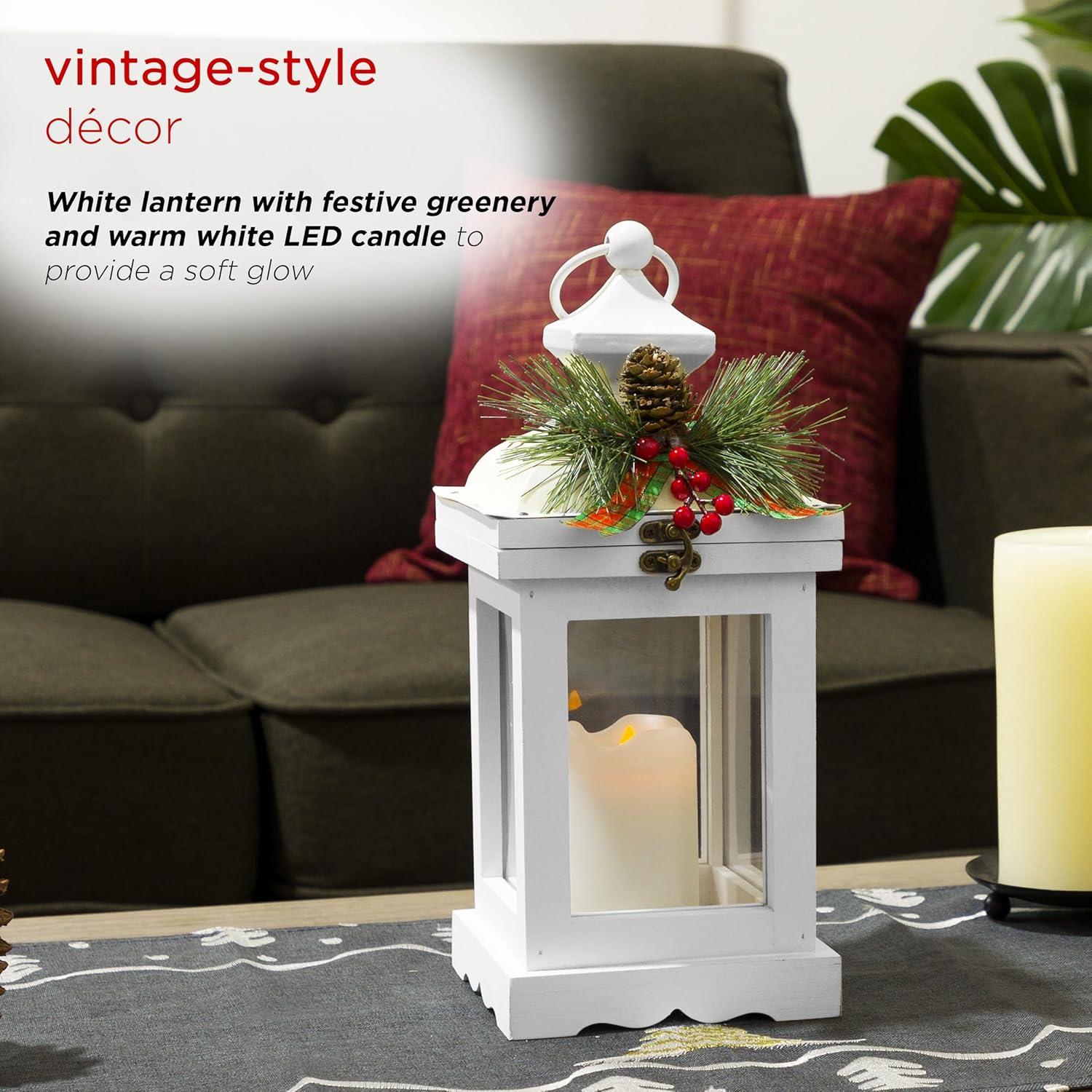 Alpine Corporation 5" x 12" Vintage Holiday Lantern with Battery-Powered LED Candle, White