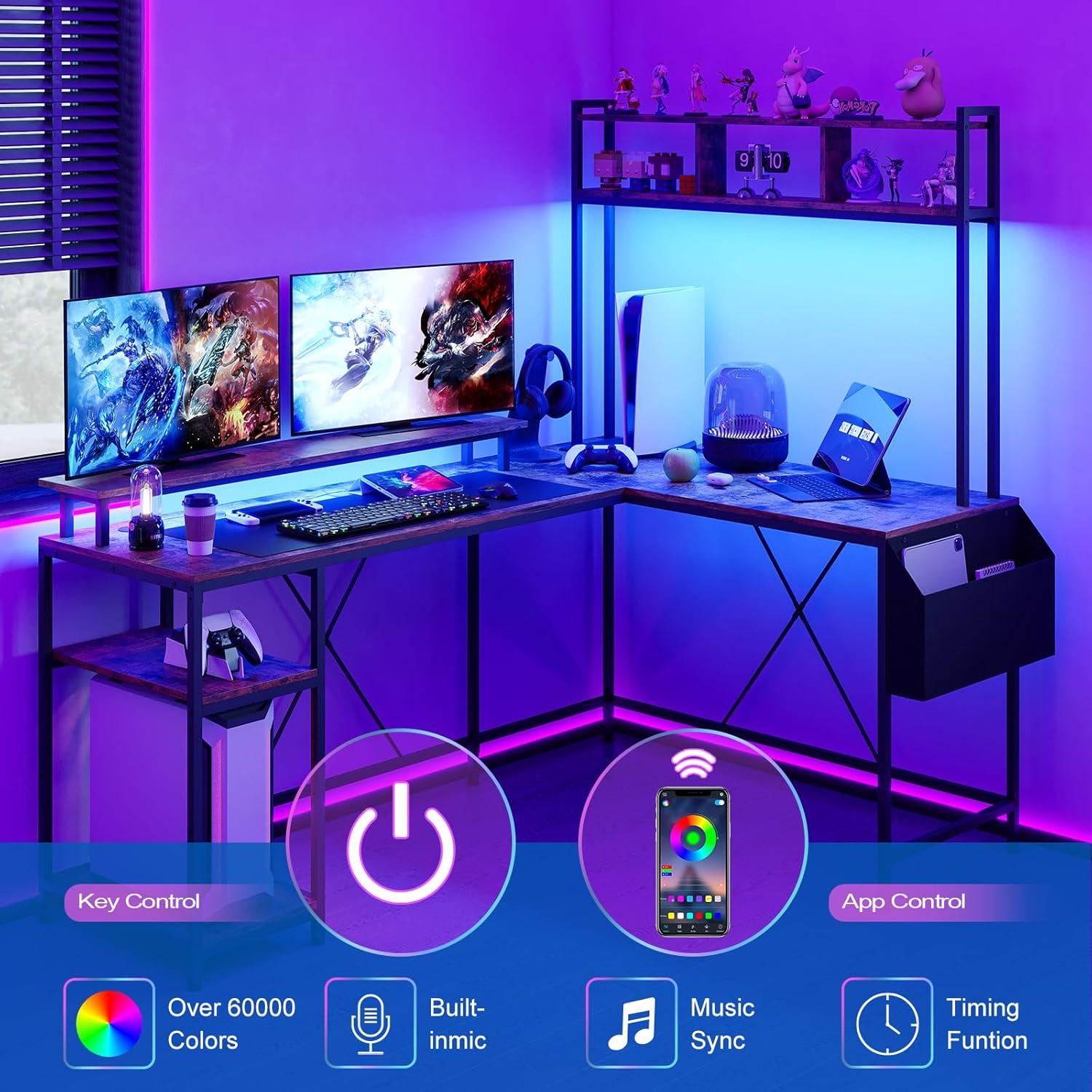 Garvee Spacious L-Shaped Gaming Desk with Customizable RGB Lights & Charging Options – Ideal for Comfort & Efficiency, Brown