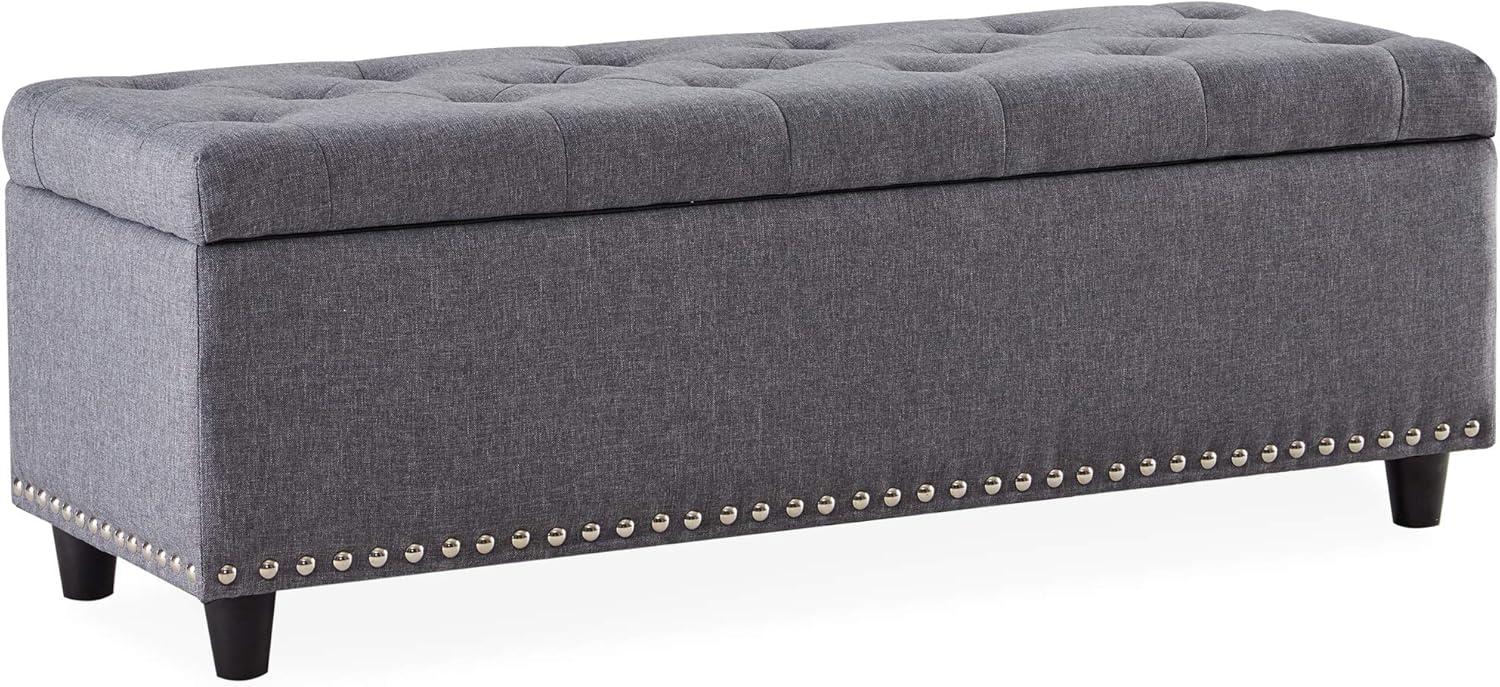 Gray Linen Tufted Storage Ottoman Bench with Nailhead Trim