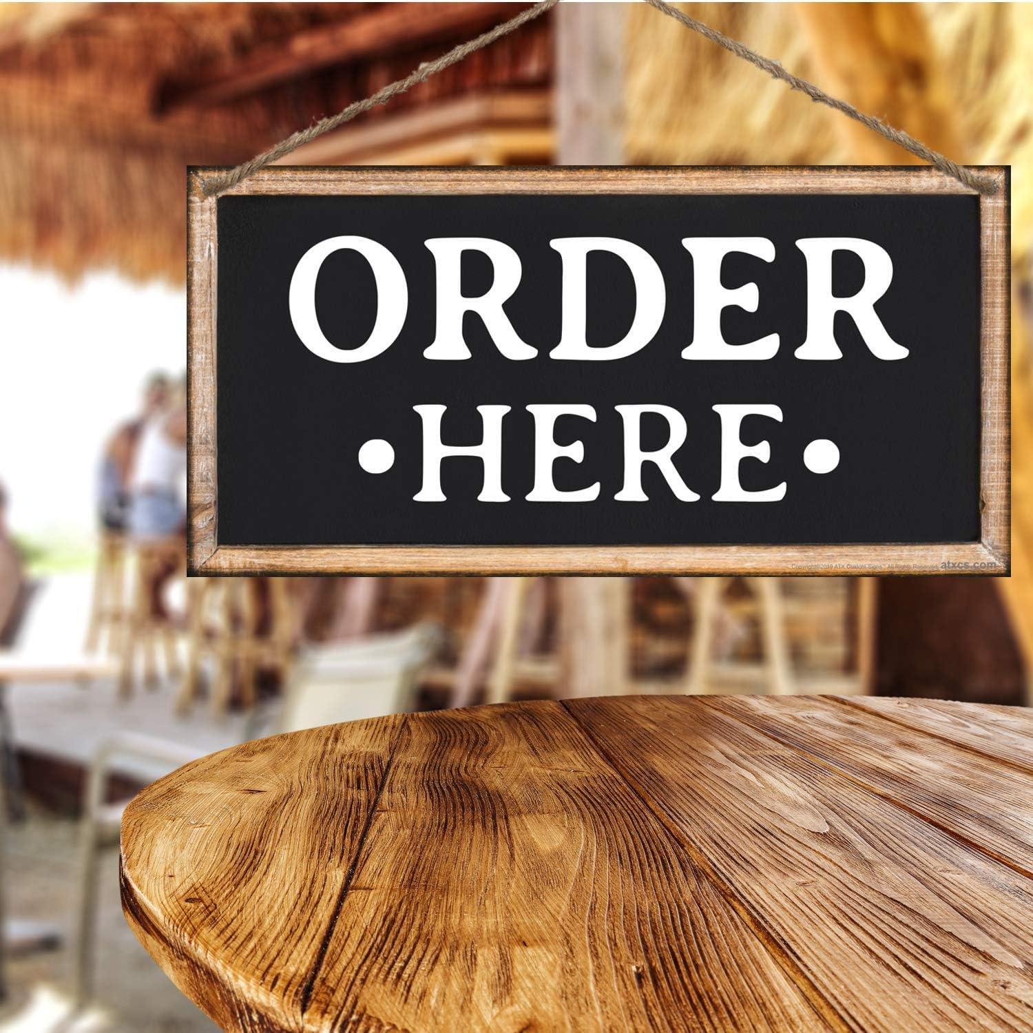 Black and White Rectangular Metal Order Here Sign with Jute String