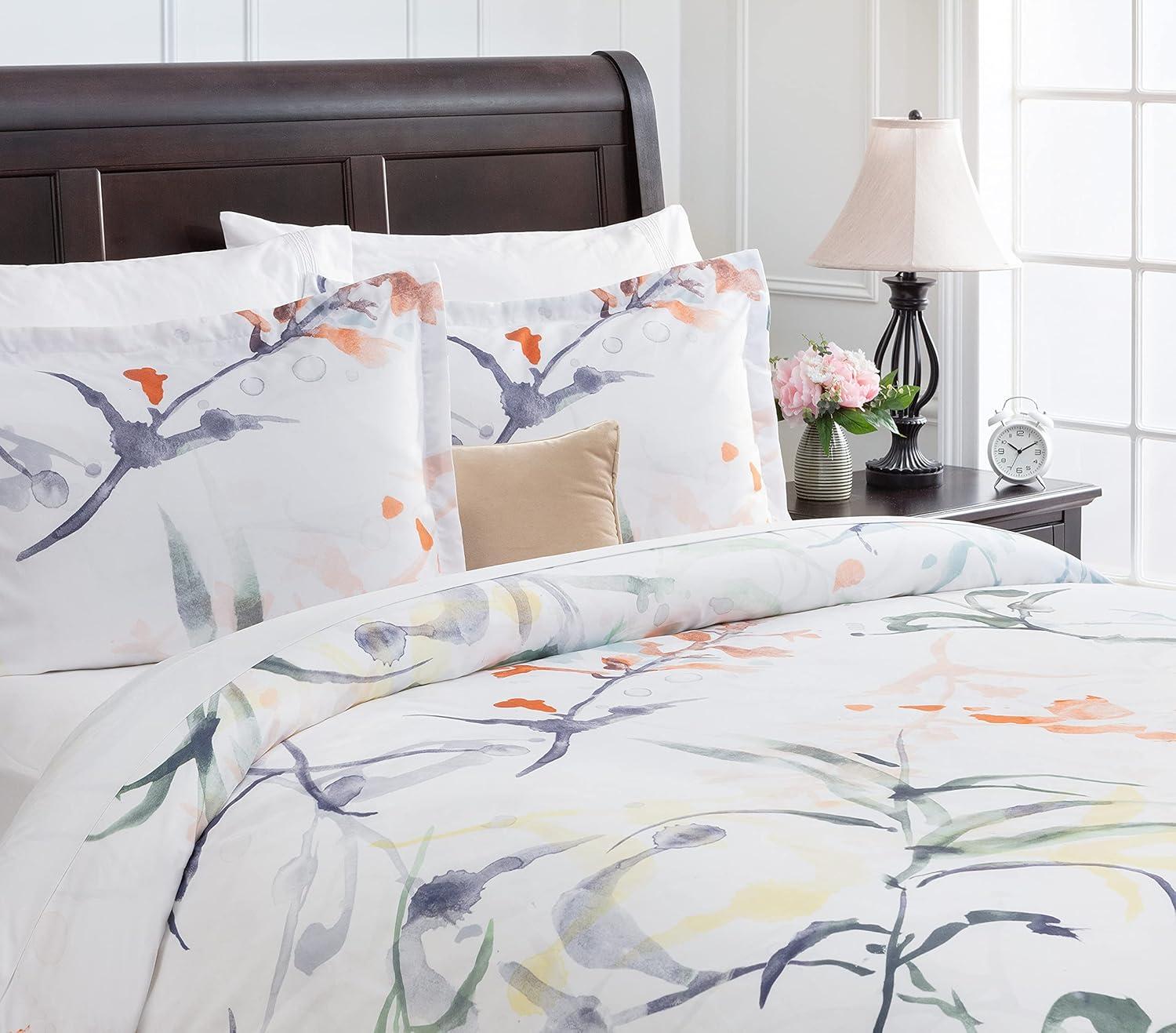 Queen White Watercolor Floral Microfiber Duvet Cover Set