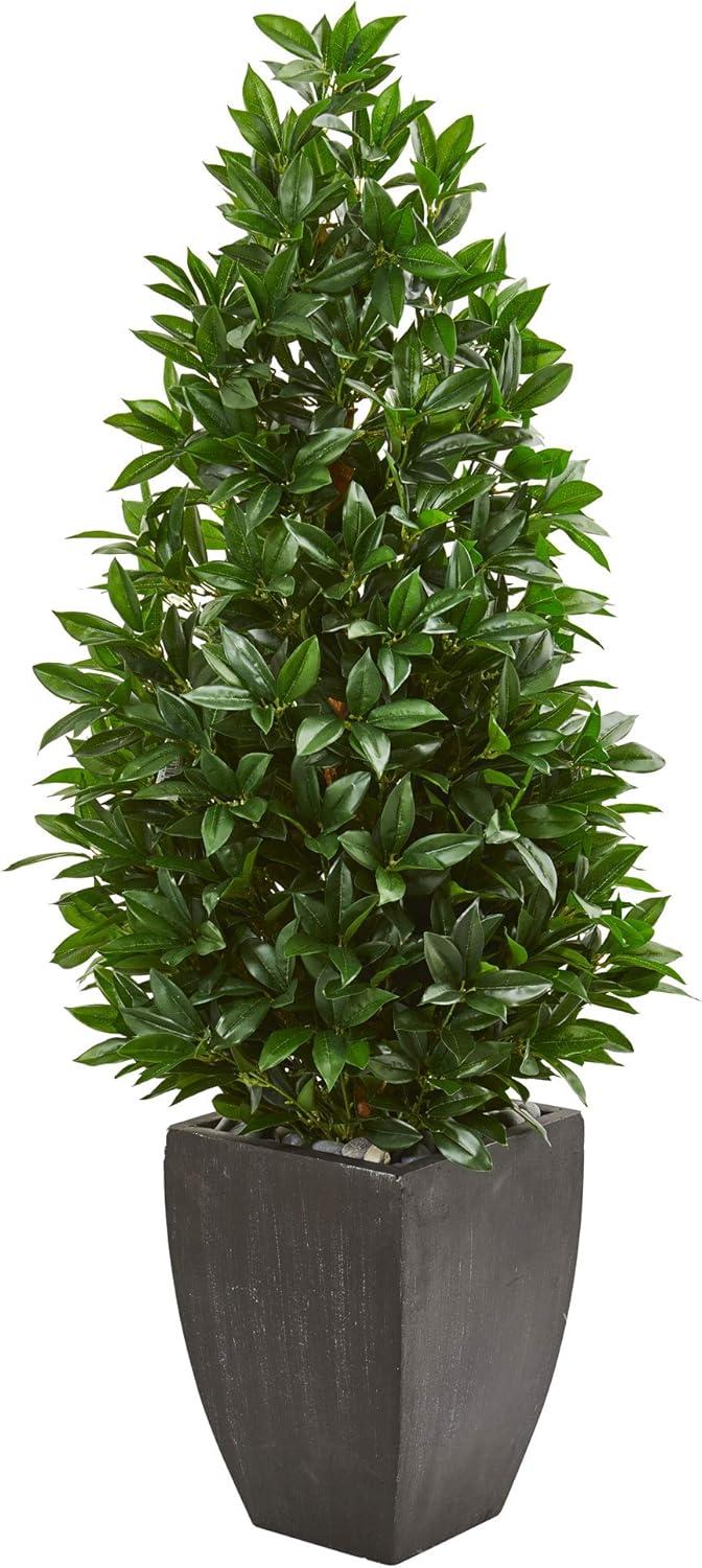 Nearly Natural 56-in Bay Leaf Cone Topiary Artificial Tree UV Resistant in Black Planter (Indoor/Outdoor)