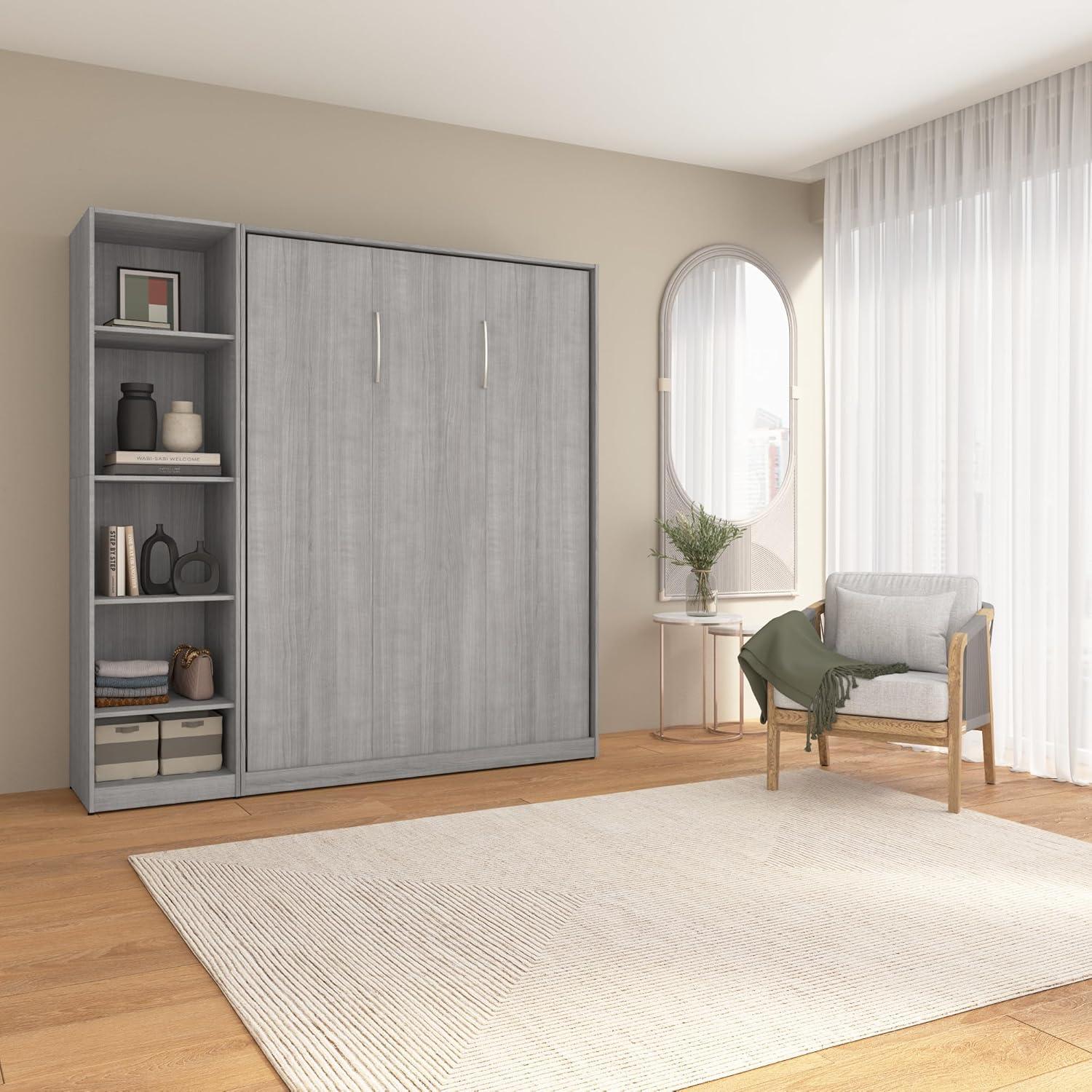 Platinum Gray Full Murphy Bed with Wood Frame and Closet Organizer