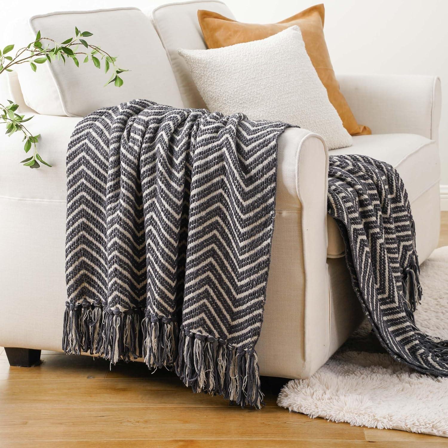 Gray Chevron Knitted Reversible Throw Blanket, 50"x60"