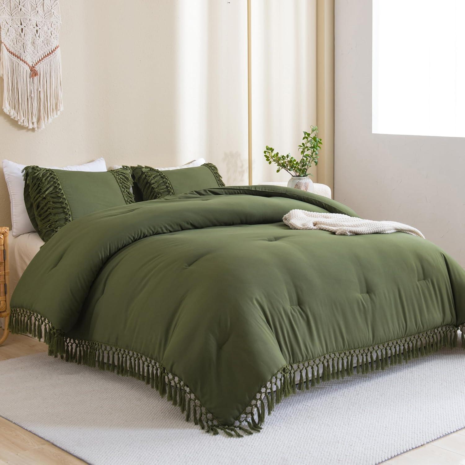 Sage Green King Microfiber Boho Tassel Comforter Set