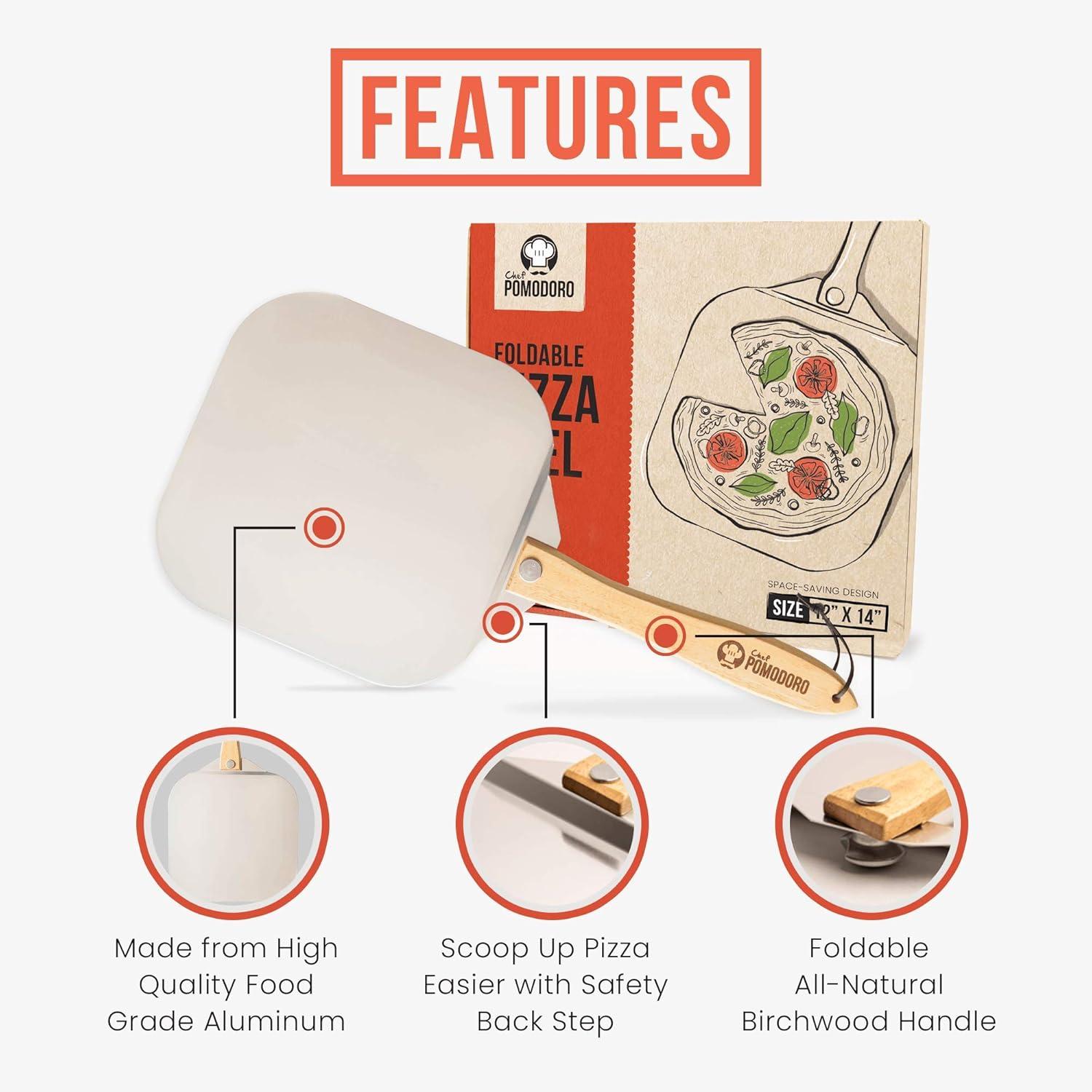 Chef Pomodoro Pizza Peel 12x14" & 14" Stainless Steel Pizza Rocker Cutter Set - Metal Pizza Peel Paddle, Pizza Spatula Paddle, Pizza Cutter Rocker Blade