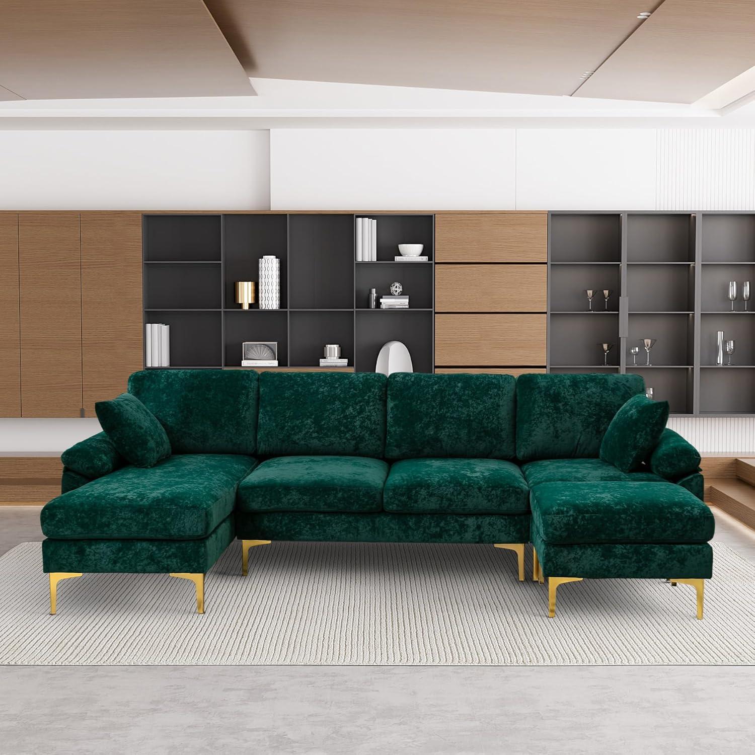 Ouyessir U-Shaped Sectional Sofa, 4 Seat Sofa Set for Living Room, 114 inches Convertible L-Shaped Velvet Couch Set with Chaise Lounge, Ottoman and Pillows