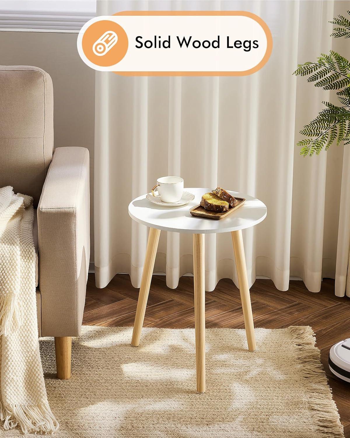 Round Side Table Set of 2, White Nightstand Coffee End Table for Living Room, Bedroom, Small Spaces, Modern Home Decor Bedside Table with Natural Wood Legs, 16.5 Inches