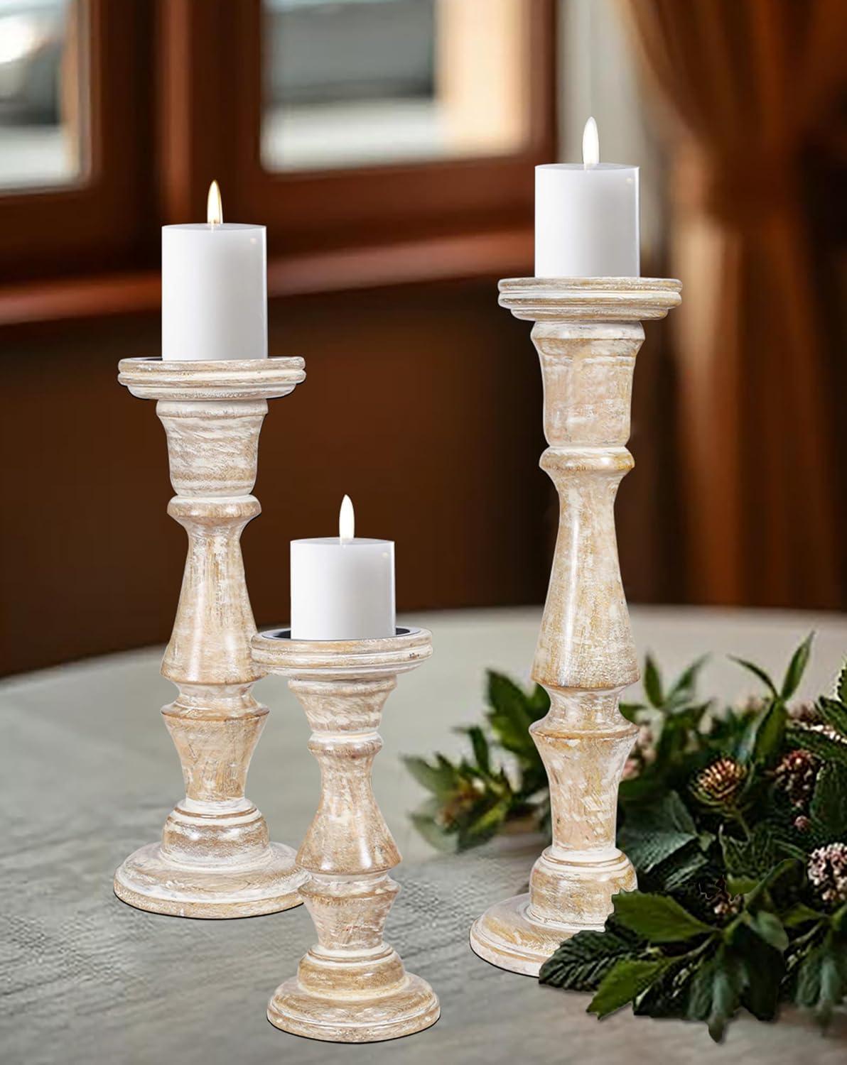 DecMode Traditional and Timeless Mango Wood Pillar Candle Holder Set of 3, 6", 8", 10"H, Cream Finish