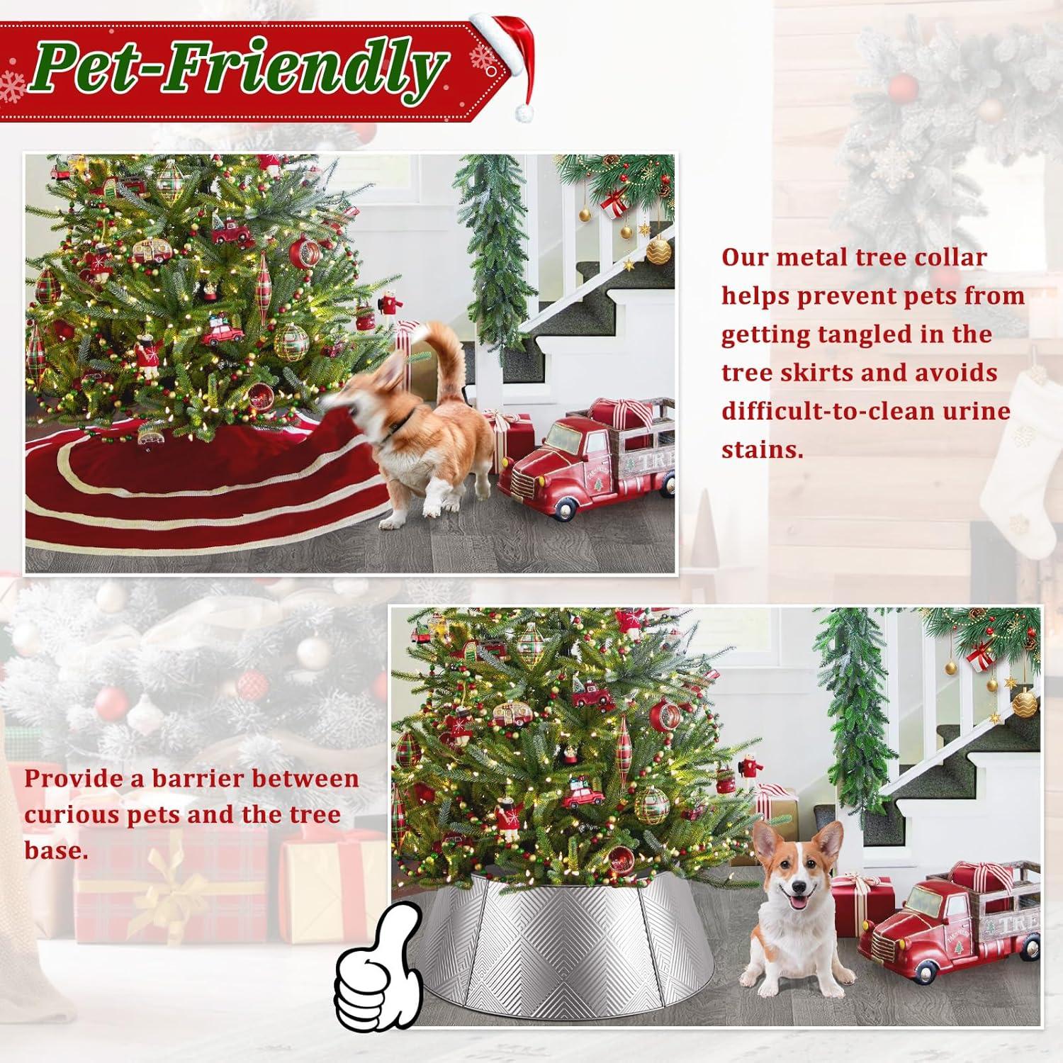Nordic Hygge 28’’ Christmas Tree Collar, Gold Tree Skirt for Christmas Tree Decor, Christmas Tree Base Cover with Printed Patterns, Metal Tree Collar for Pencil Tree of Living Room