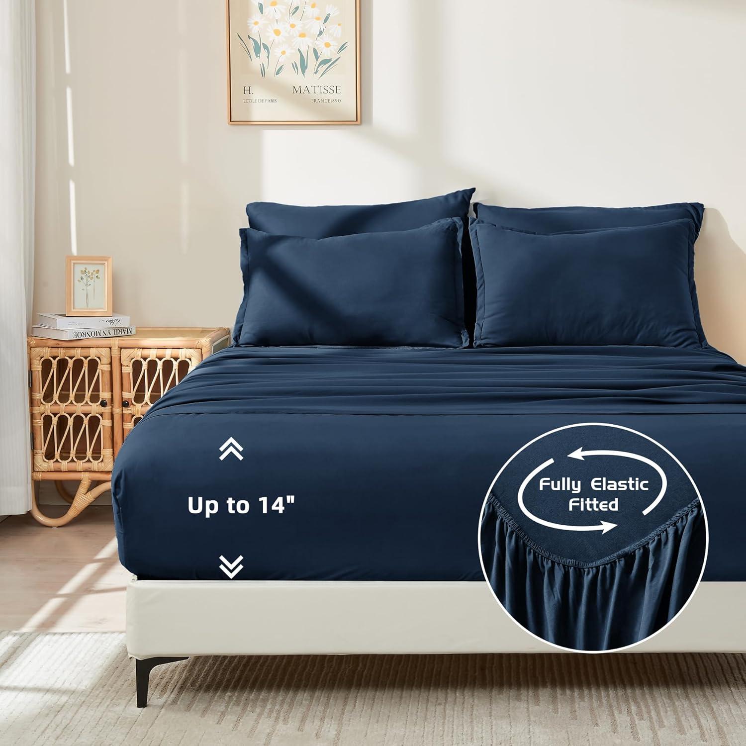 Virtu Queen Comforter Set, 7pc Bed in a Bag, Pleated Bedding Comforter Sets with Sheets, Navy