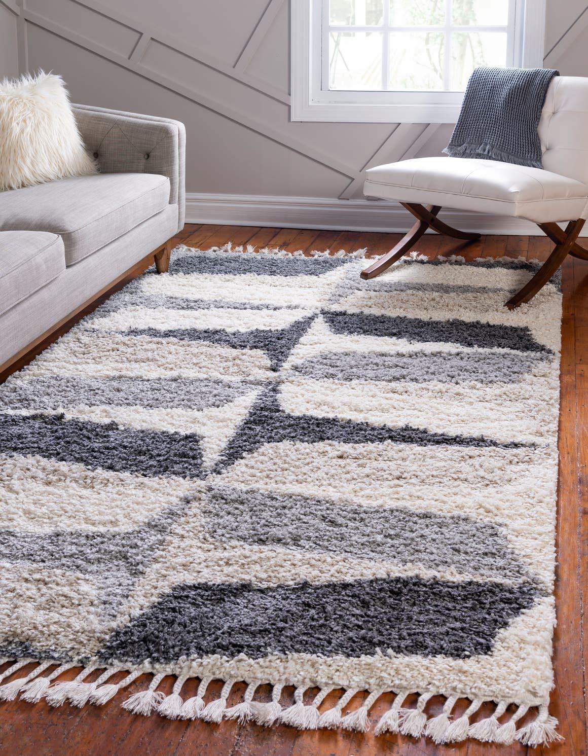 Unique Loom Hygge Shag Collection Area Rug - Balanced (4' 1" x 6' 1" Rectangle Gray/Ivory)