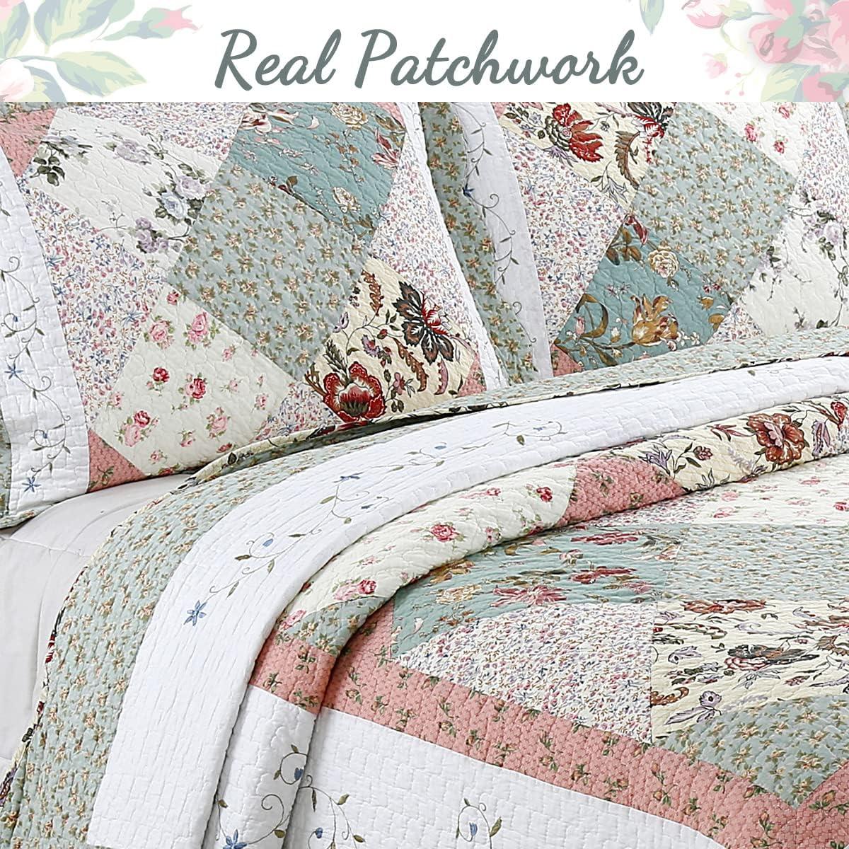 Cozy Line Country Cottage Floral Blue Pink Scalloped Edge Real Patchwork 100% Cotton 3-Piece Reversible Quilt Set, Queen