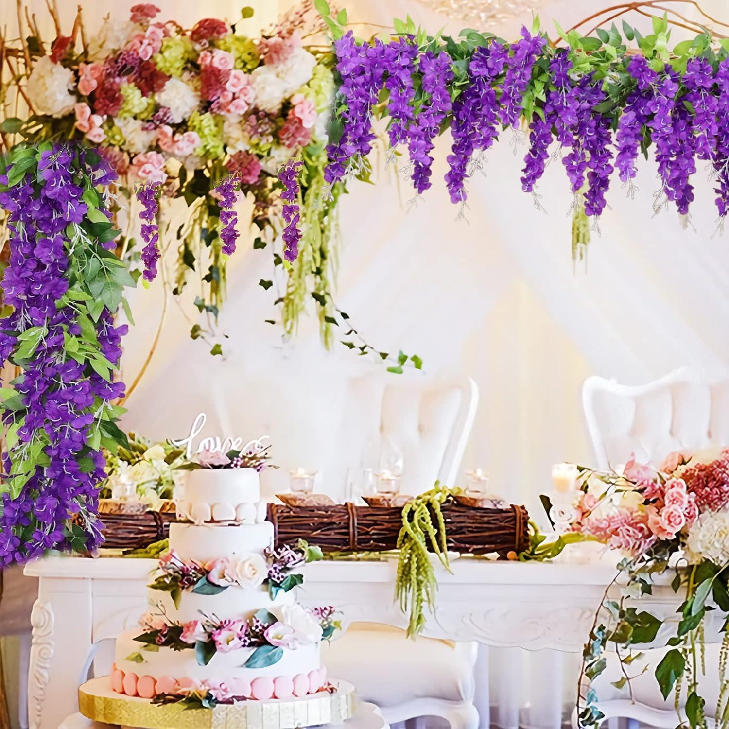 Sinhoon Wisteria Artificial Flowers Garland, 4 Pcs Total 28.8ft Artificial Wisteria Vine Silk Hanging Flower for Home Garden Outdoor Ceremony Wedding Arch Floral Decor (Light Purple)