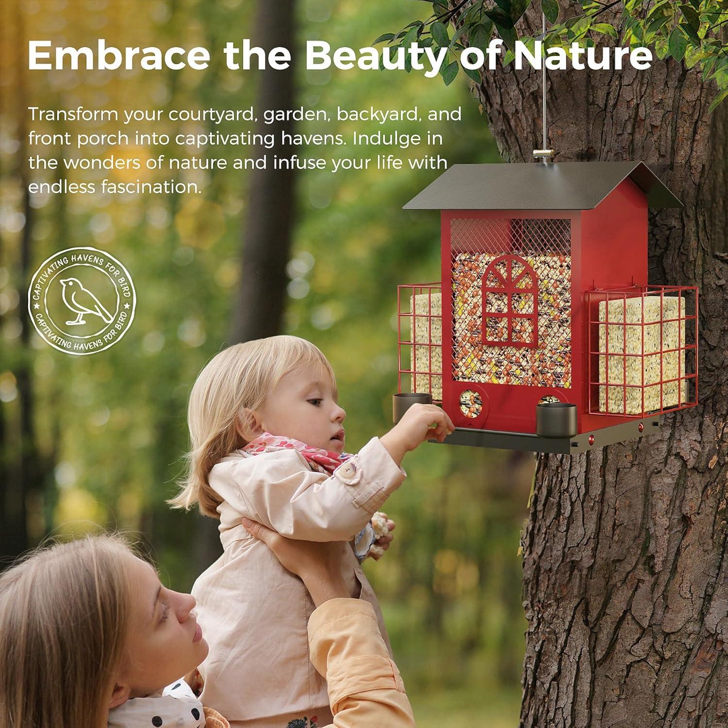 PerchMe® Bird Feeders for Outdoors Hanging, Metal Bird House Feeder with 2 Suet Cage and 4 Water Cups,Large Capacity,Weatherproof,Easy to Clean & Refill-Red