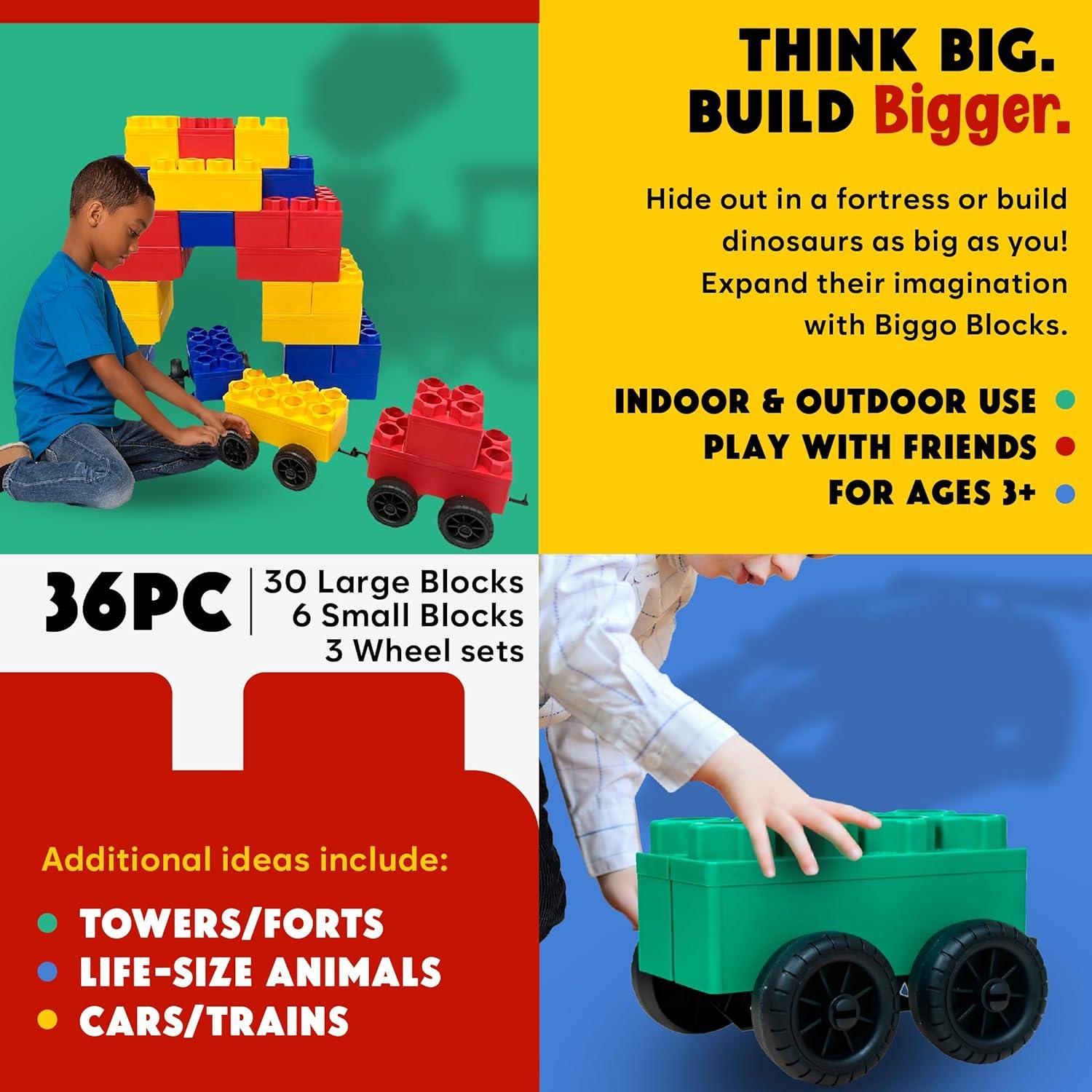 BiggoBlocks Jumbo Blocks — Big Blocks for Kids Ages 3-8 — Indoor & Outdoor Blocks for Kids Jumbo Games — Large Building Blocks (36 pc with 3 cars) Train Set