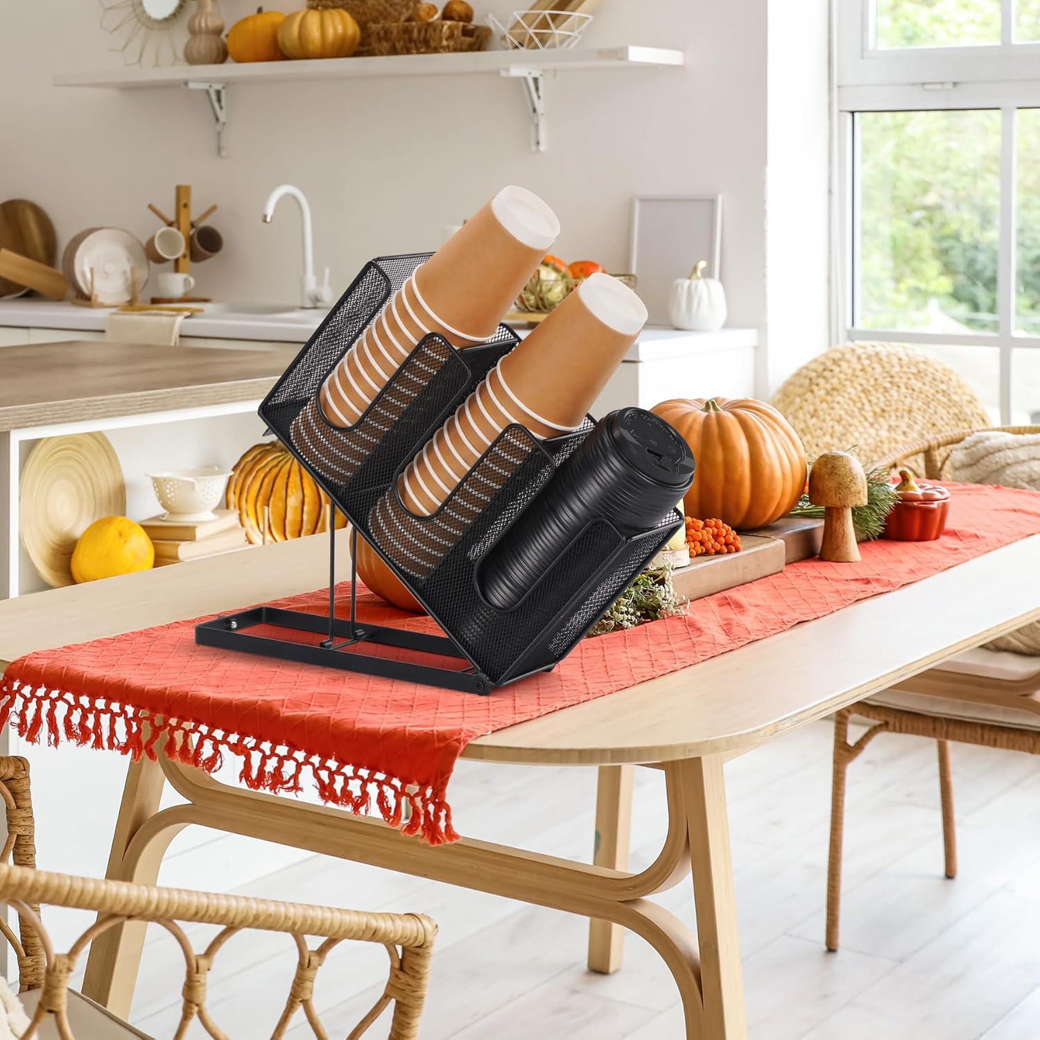 Paper Cup and Lid Holder with Straw Organizer, Disposable Coffee Cup Dispenser for Countertop Coffee Station Bar Restaurant Breakroom, Black