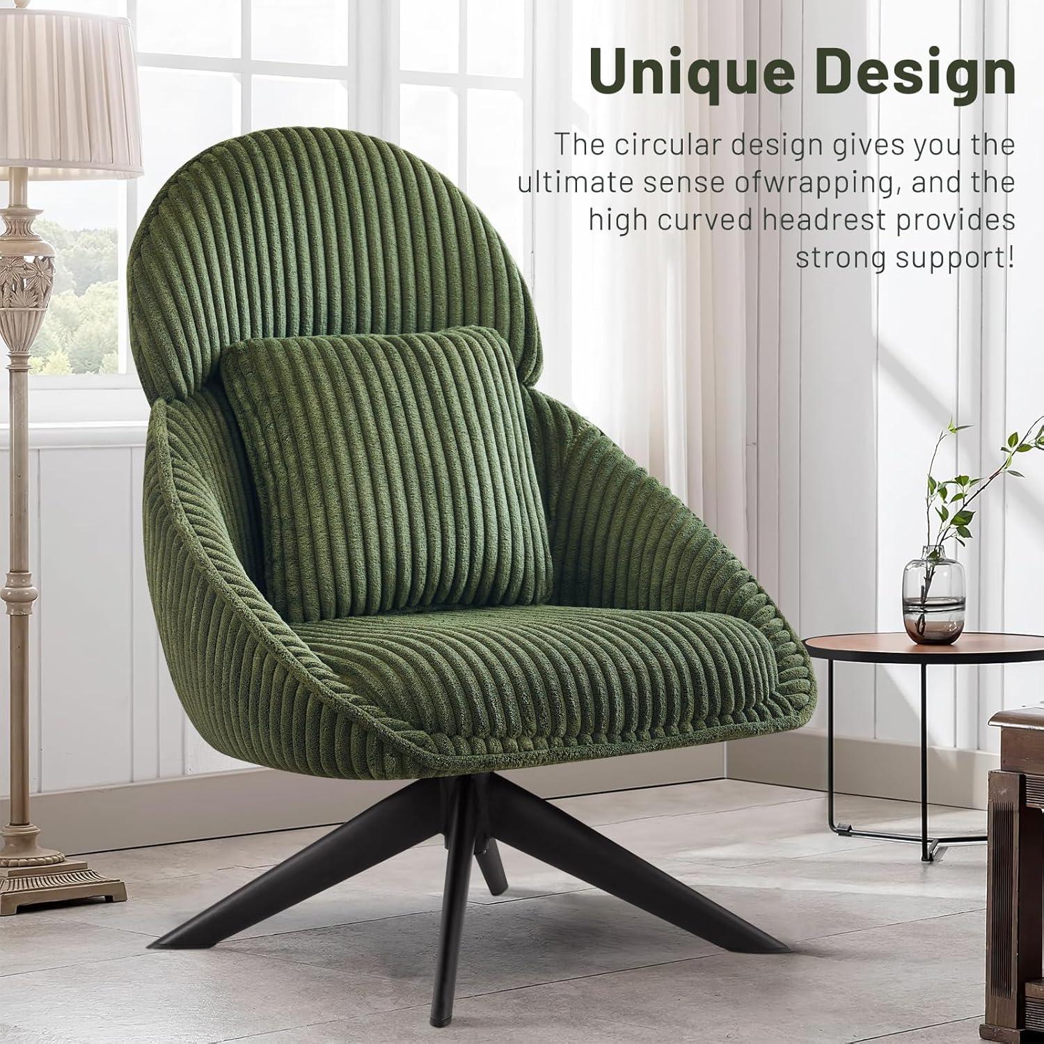 Furniliving Swivel Accent Chair with Pillow Corduroy Comfy Lounge Chair Lazy Chair for Living Room/Bedroom, Green