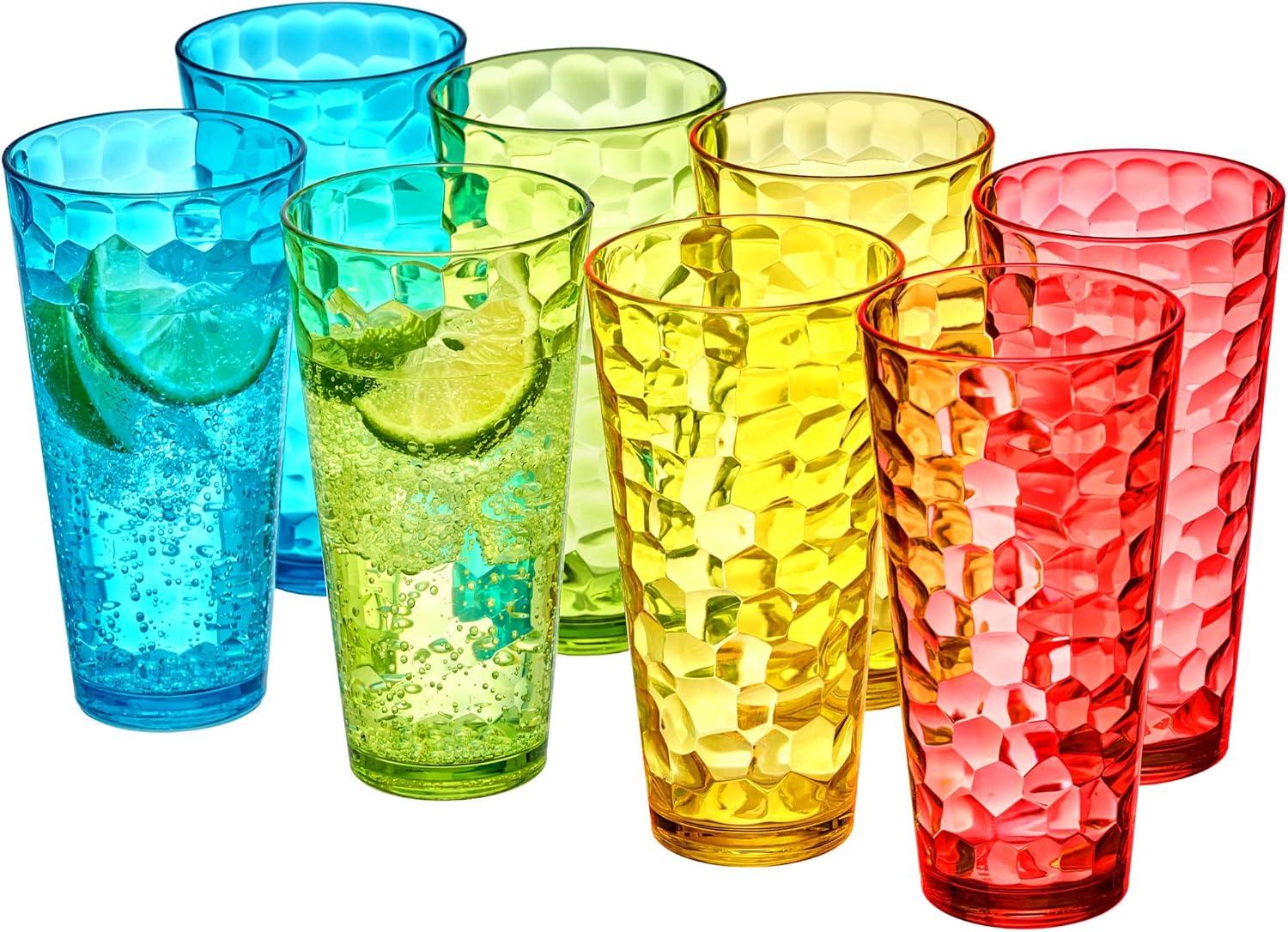 Amazing Abby - Iceberg - 24-Ounce Plastic Tumblers (Set of 8), Plastic Drinking Glasses, Mixed-Color Reusable Plastic Cups, Stackable, BPA-Free, Shatter-Proof, Dishwasher-Safe