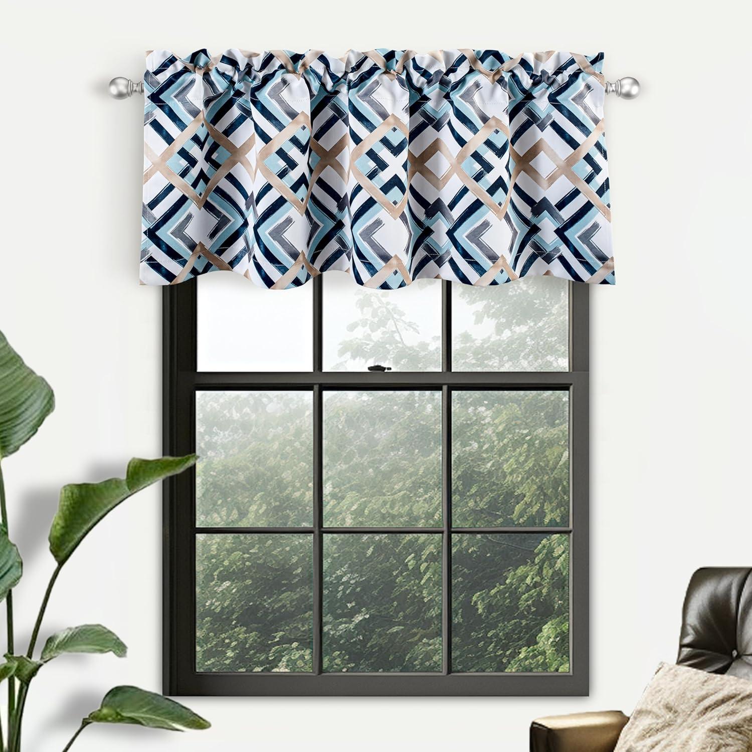 DriftAway  Diamond Watercolor Geo Checker Plaid Pattern Window Valance Navy 52" width x 18 " length