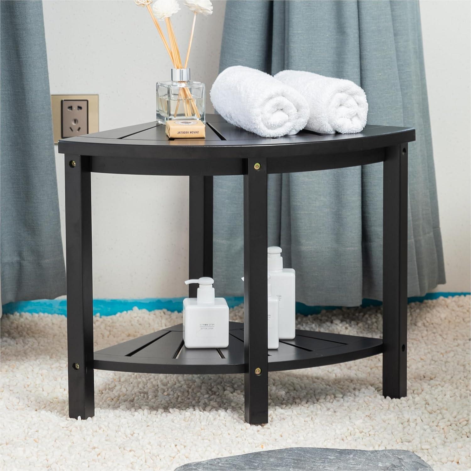 Black Bamboo Corner Shower Bench with Storage Shelf