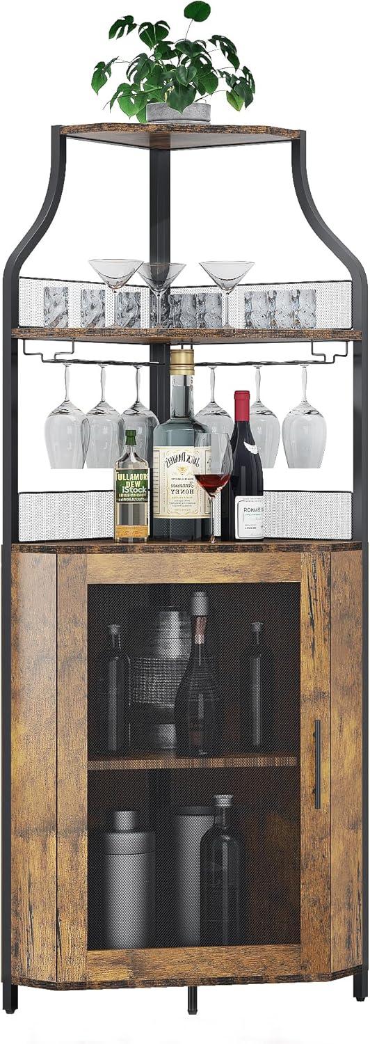 Corner Wine Cabinet with Removable Wine Rack, Wine Bar Cabinet with Barn Door and Adjustable Shelves, Industrial Wine Cabinet for Dining Room, Living Room,Kitchen (Retro Brown)