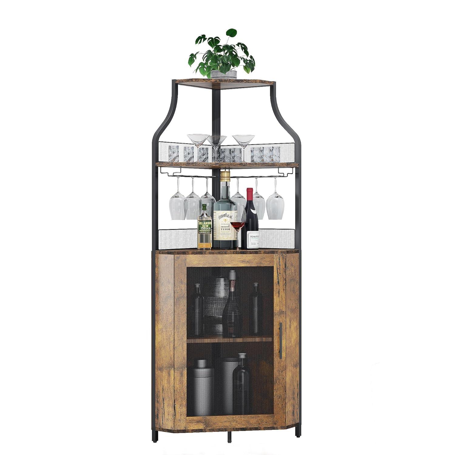 Corner Wine Cabinet with Removable Wine Rack, Wine Bar Cabinet with Barn Door and Adjustable Shelves, Industrial Wine Cabinet for Dining Room, Living Room,Kitchen (Retro Brown)