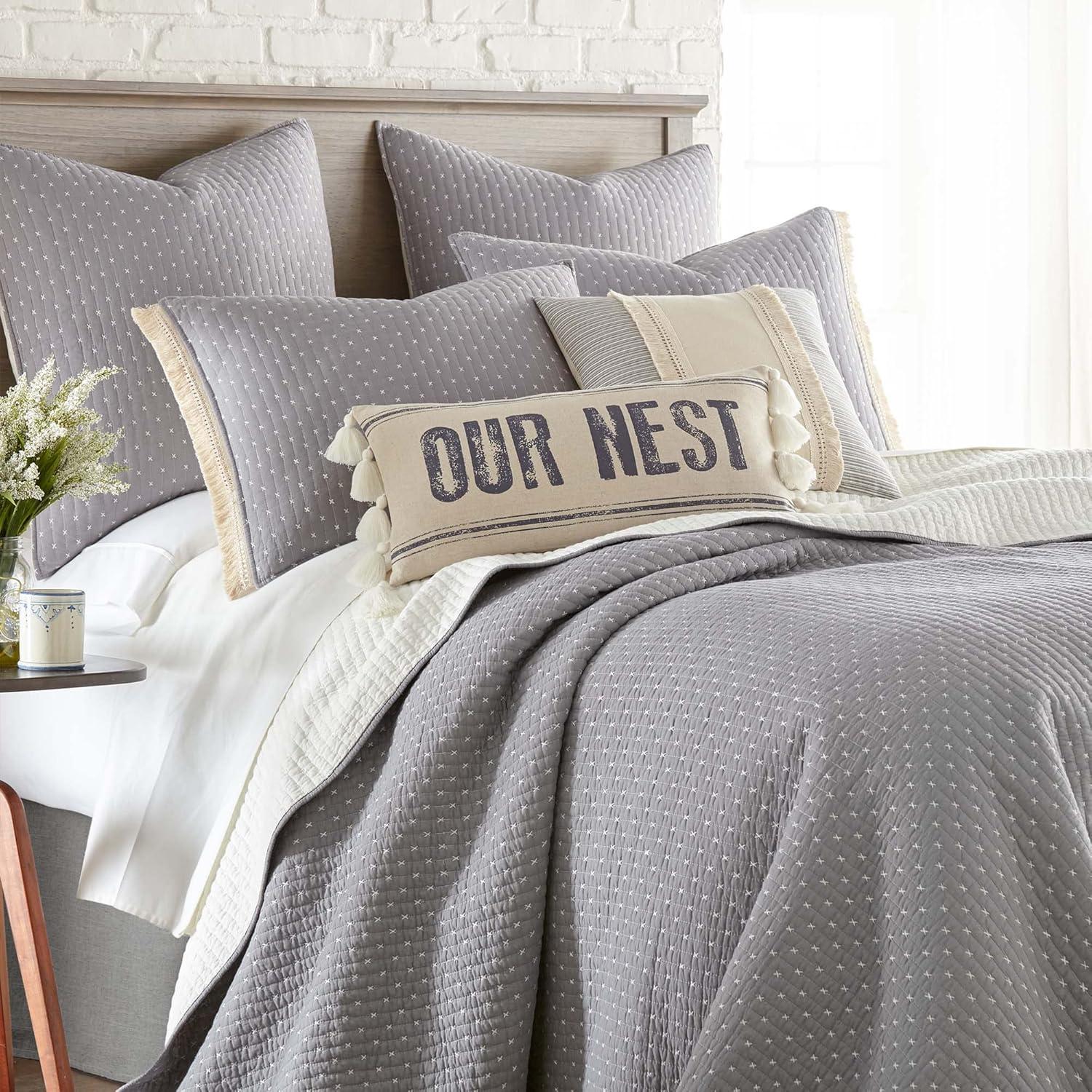 Grey and Cream Reversible Cotton Full Quilt Set