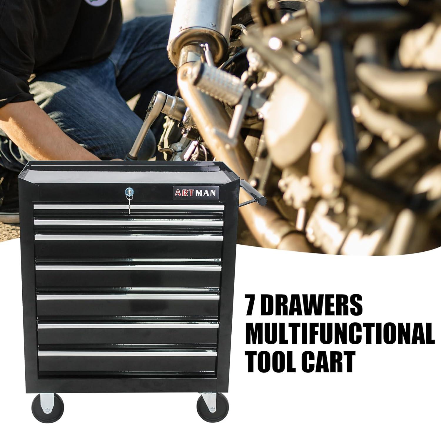 7 Drawer Tool Cart on Wheels, Tool Storage Cabinet with Key Lock, Versatile Rolling Tool Cart for Garages, Warehouses and Repair Shops, Black