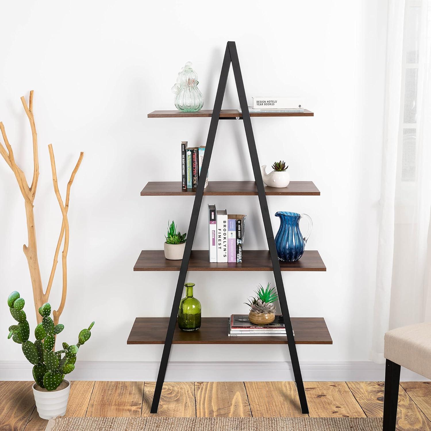 Glitzhome 64.5"H Modern Industry Wooden Oak Melamine 4-Tier Metal/ Wooden Leaning Bookcases & Ladder Shelves