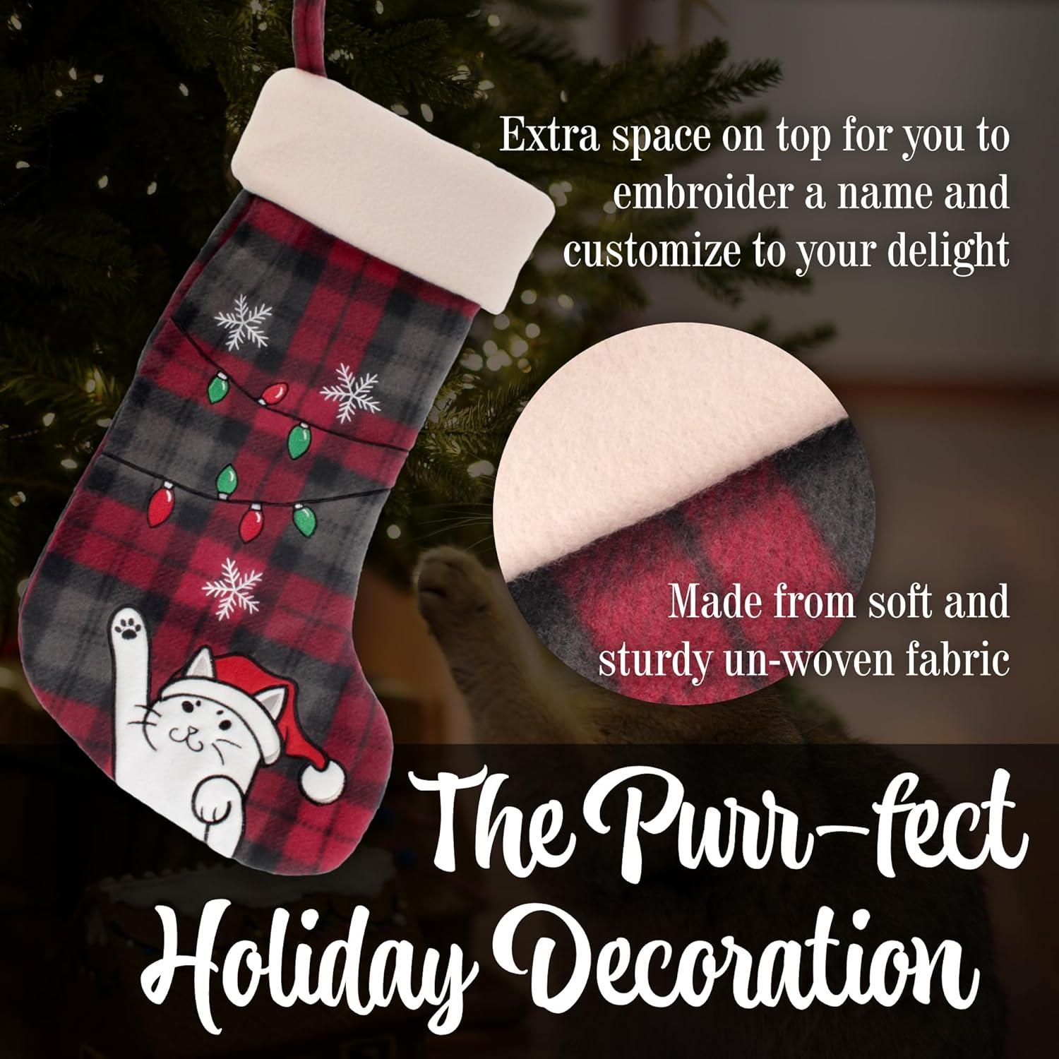 BambooMN 1 Pc Set 18" Classic Hand Embroidered Sequined Cute Animal Christmas Stocking, 16 Naughty Cat Plaid