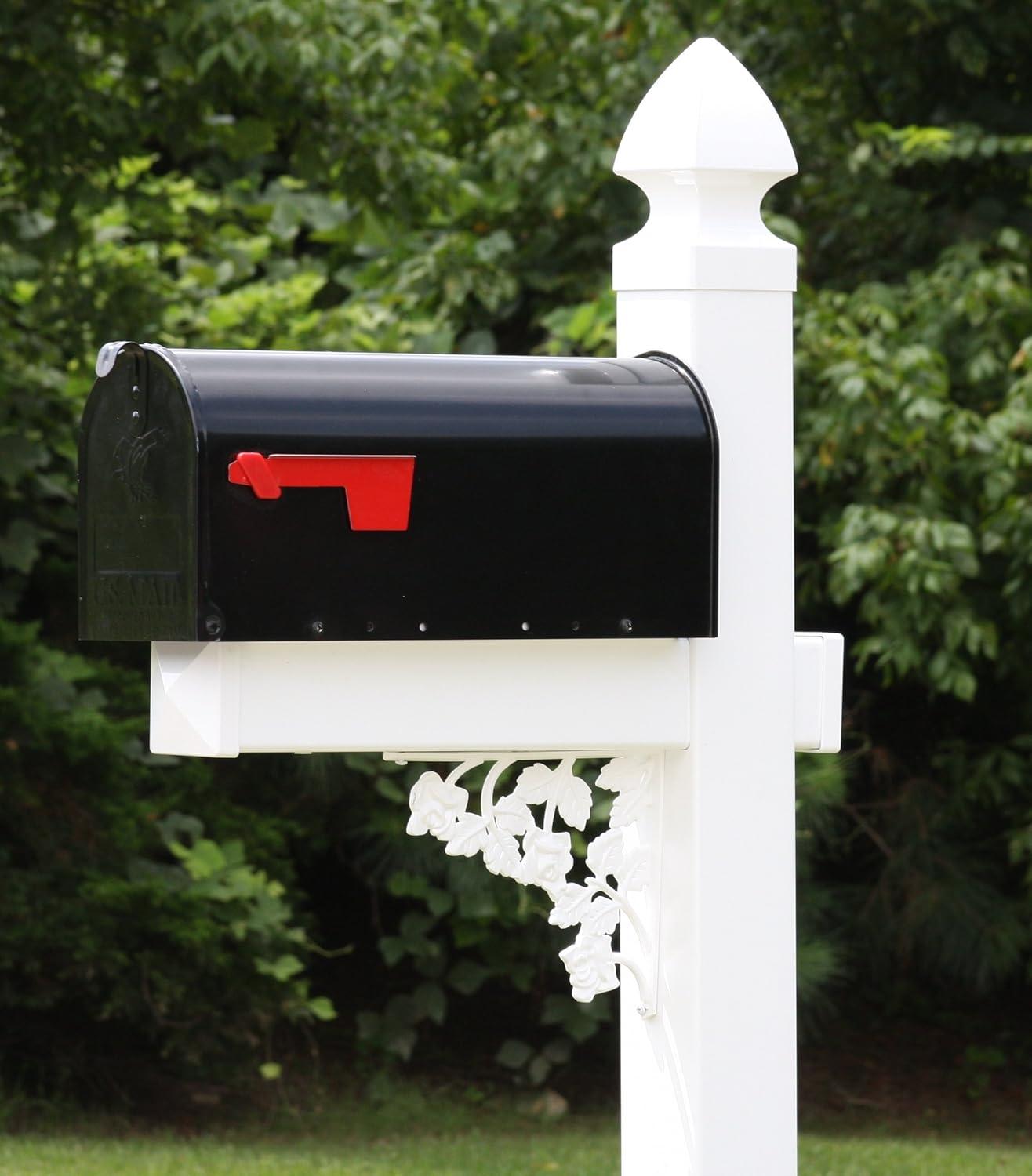 The Darlington Mailbox System with White Vinyl Post Combo, Stand, and Black Mailbox Included