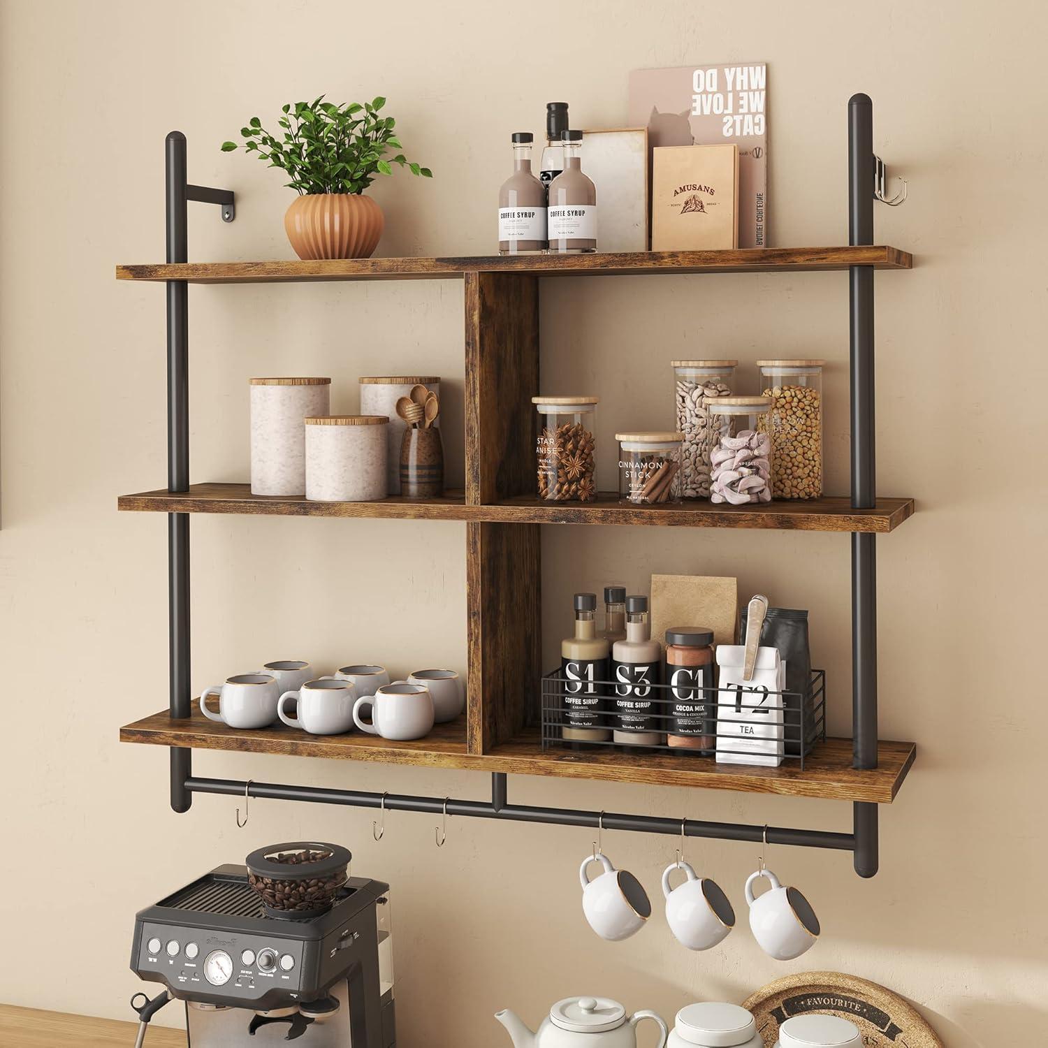 Rustic Brown 41" Industrial Pipe Wall-Mounted 3-Tier Kitchen Shelves