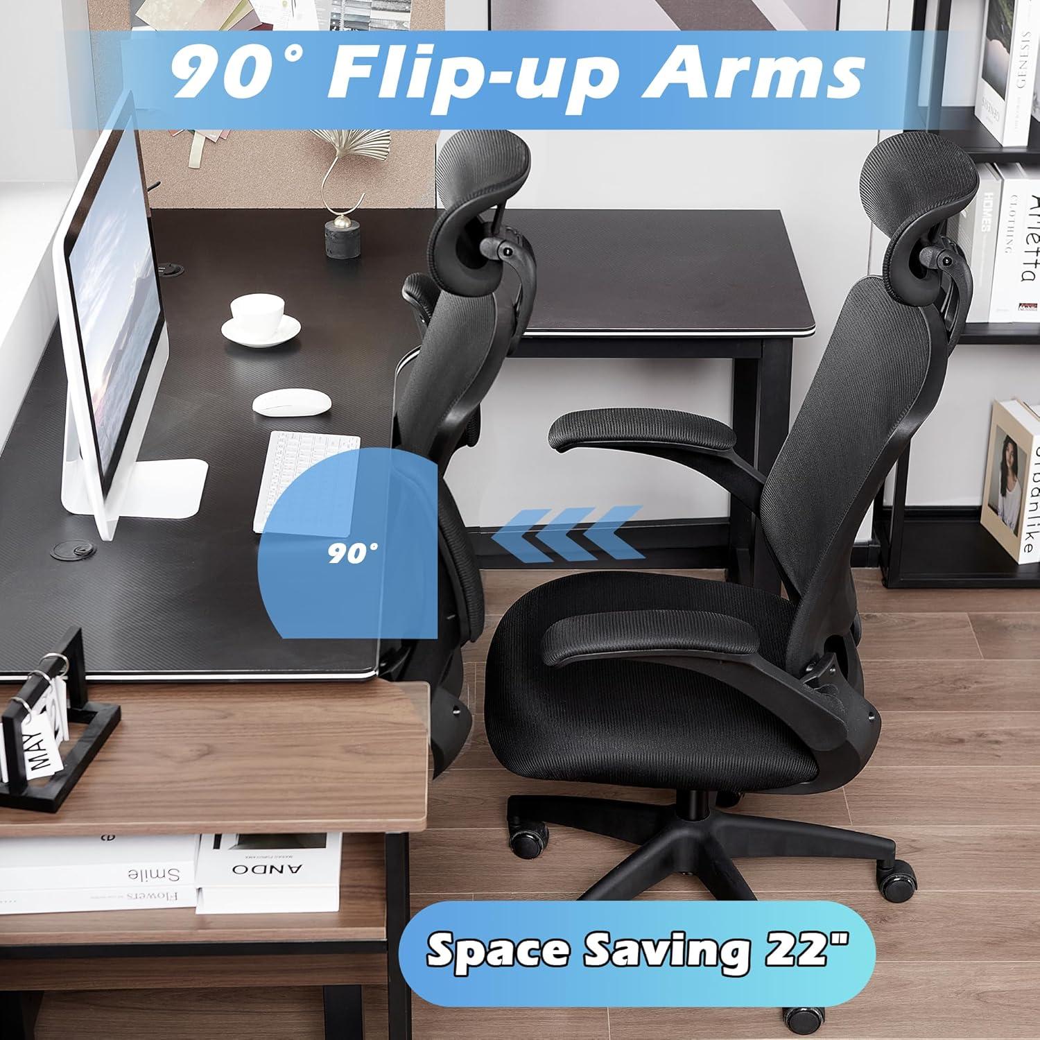 PrimeZone Ergonomic Office Desk Chair - Comfy Mesh Computer Chair with Flip-up Arms & Lumbar Support & Headrest & Tilt Function, Big and Tall High Back Chair for Home Office, 300 lbs Capacity, Black