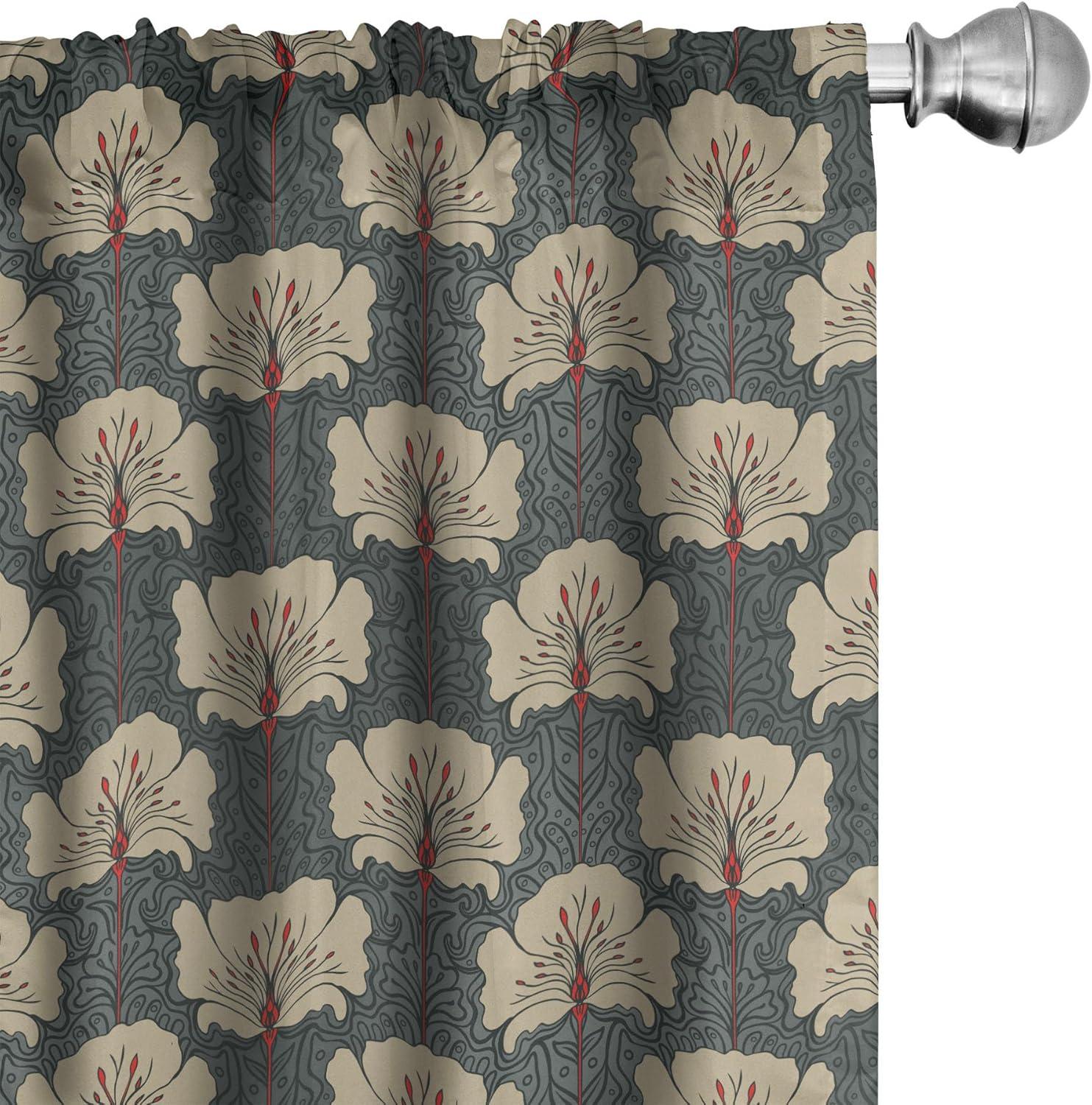 Ambesonne Floral Curtains, Art Nouveau Poppies, Pair of 28"x95", Tan Grey Vermilion